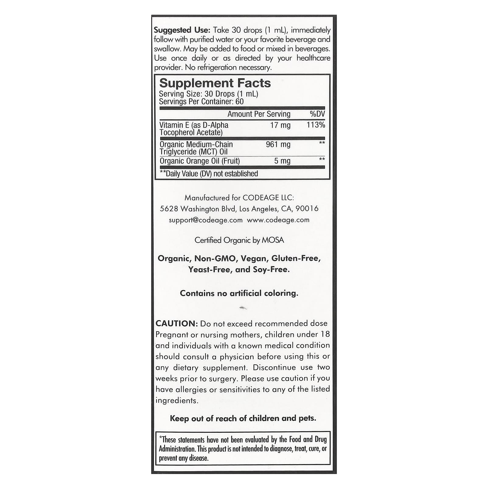 Codeage, Liquid Vitamin E+, Unflavored, 2 fl oz (59.2 ml) UPC 850049609142 | HiLife Vitamins
