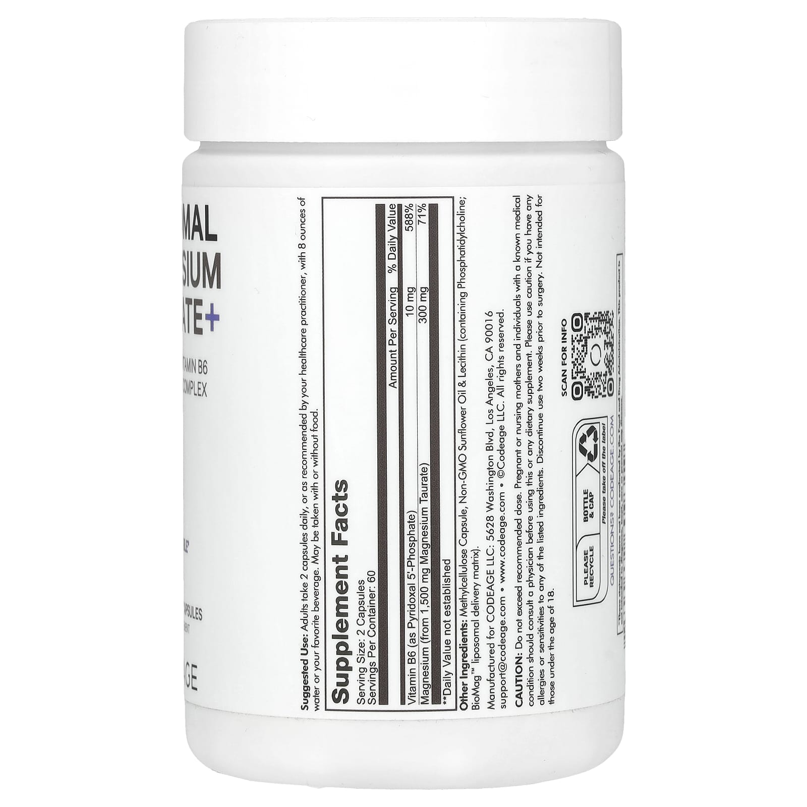 Codeage, Liposomal Magnesium Taurate+, 120 Vegetable Capsules UPC 850049609319 | HiLife Vitamins