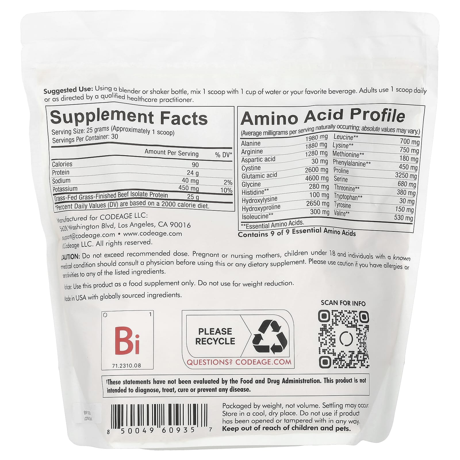 Codeage, Beef Isolate Protein Powder, Unflavored, 1.65 lbs (750 g) UPC 850049609357 | HiLife Vitamins