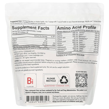 Codeage, Beef Isolate Protein Powder, Unflavored, 1.65 lbs (750 g) UPC 850049609357 | HiLife Vitamins