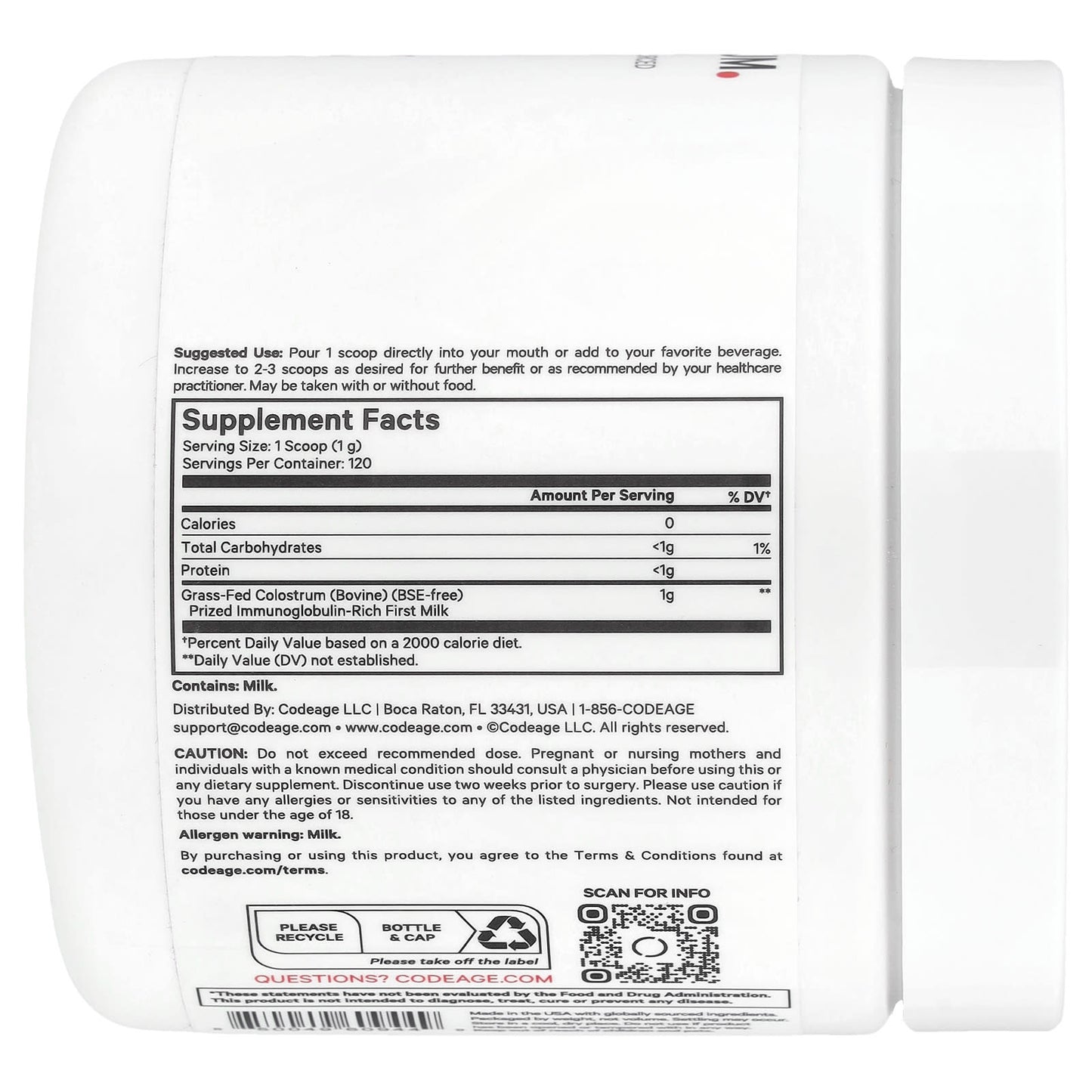 Codeage, Colostrum Powder, Unflavored, 4.3 oz (120 g) UPC 850049609449 | HiLife Vitamins