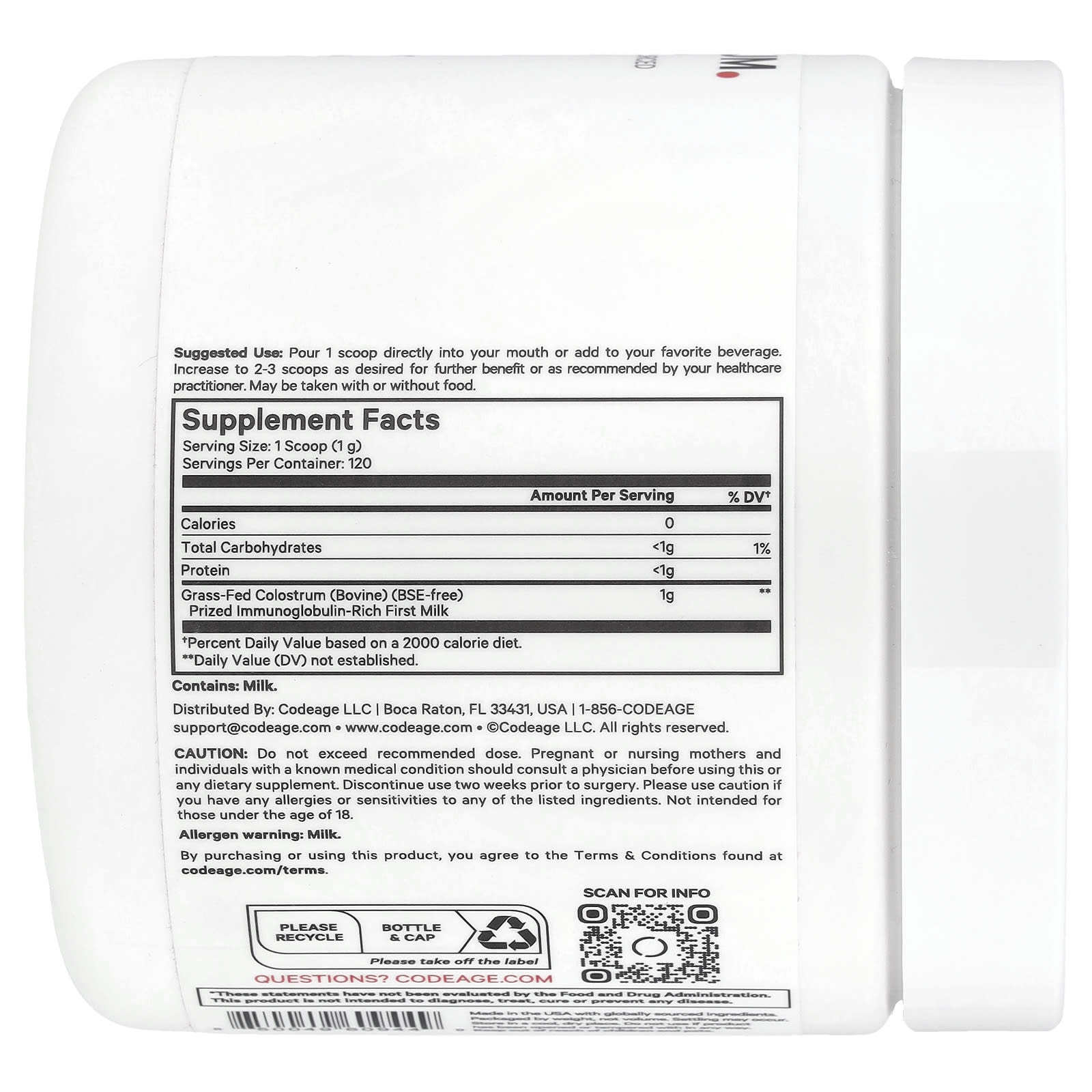 Codeage, Colostrum Powder, Unflavored, 4.3 oz (120 g) UPC 850049609449 | HiLife Vitamins