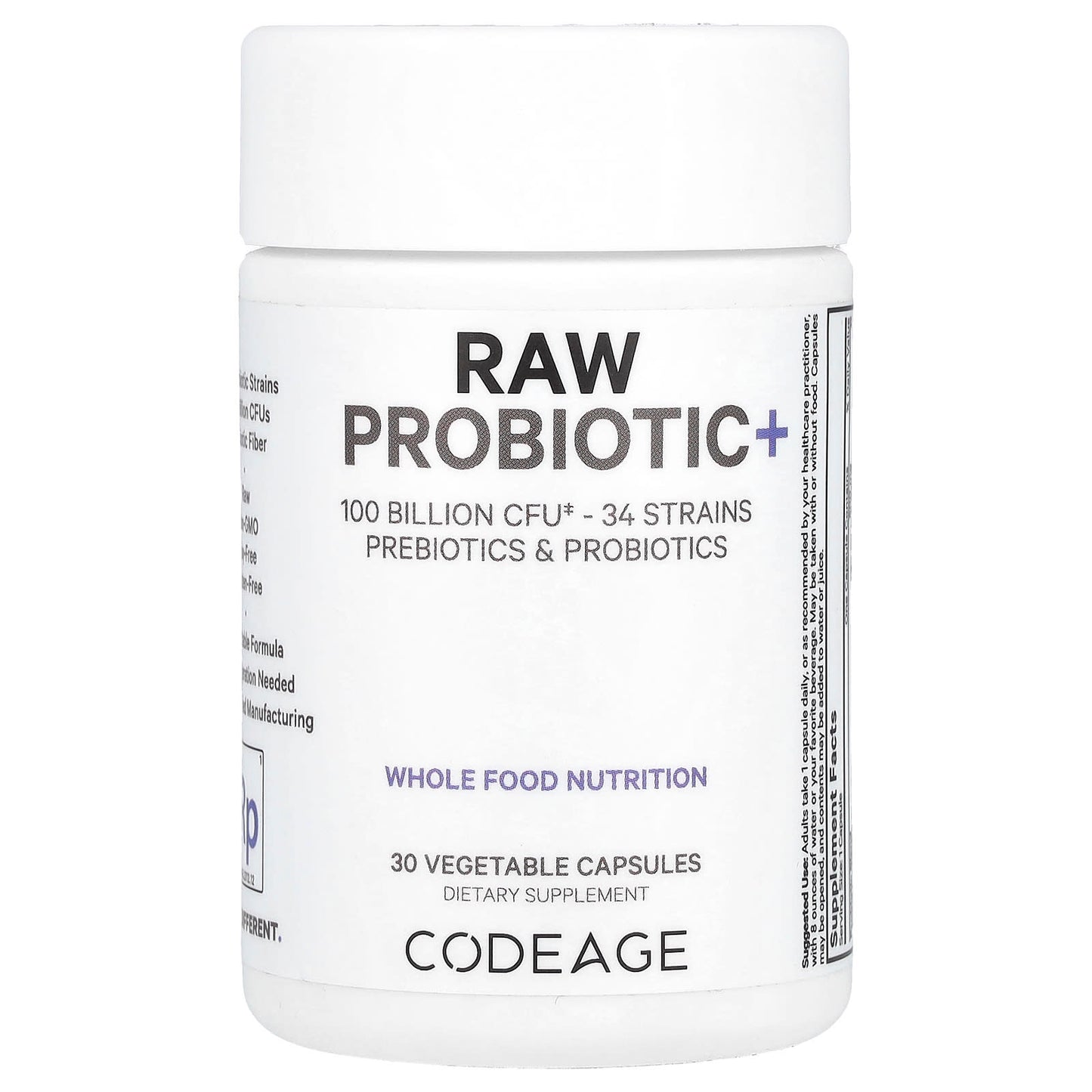 Codeage, Raw Probiotic+, 100 Billion CFU, 30 Vegetable Capsules UPC 850049609586 | HiLife Vitamins