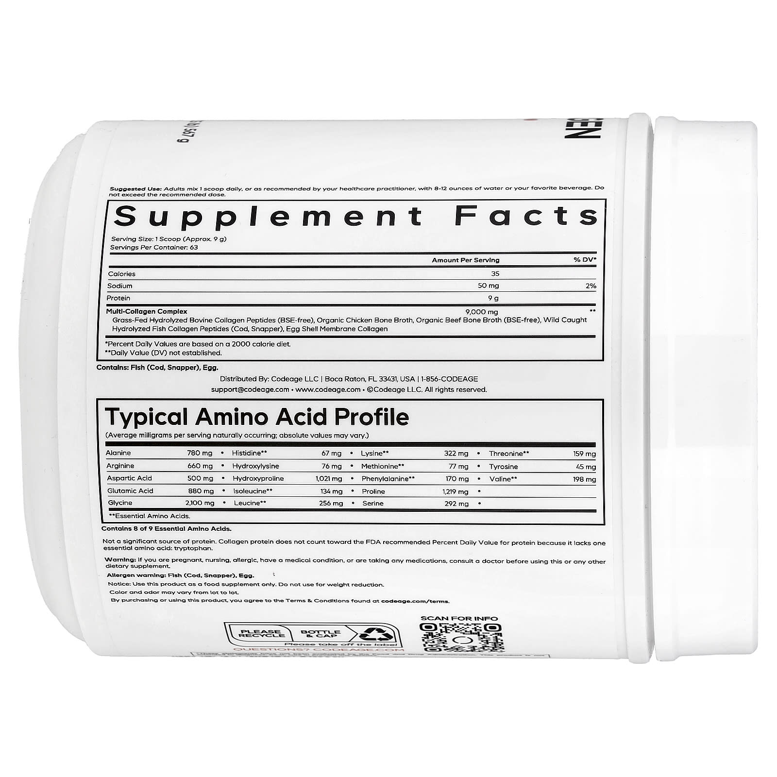 Codeage, Multi Collagen Peptides Powder, Unflavored, 20 oz (567 g) - 853919008021 | Hilife Vitamins