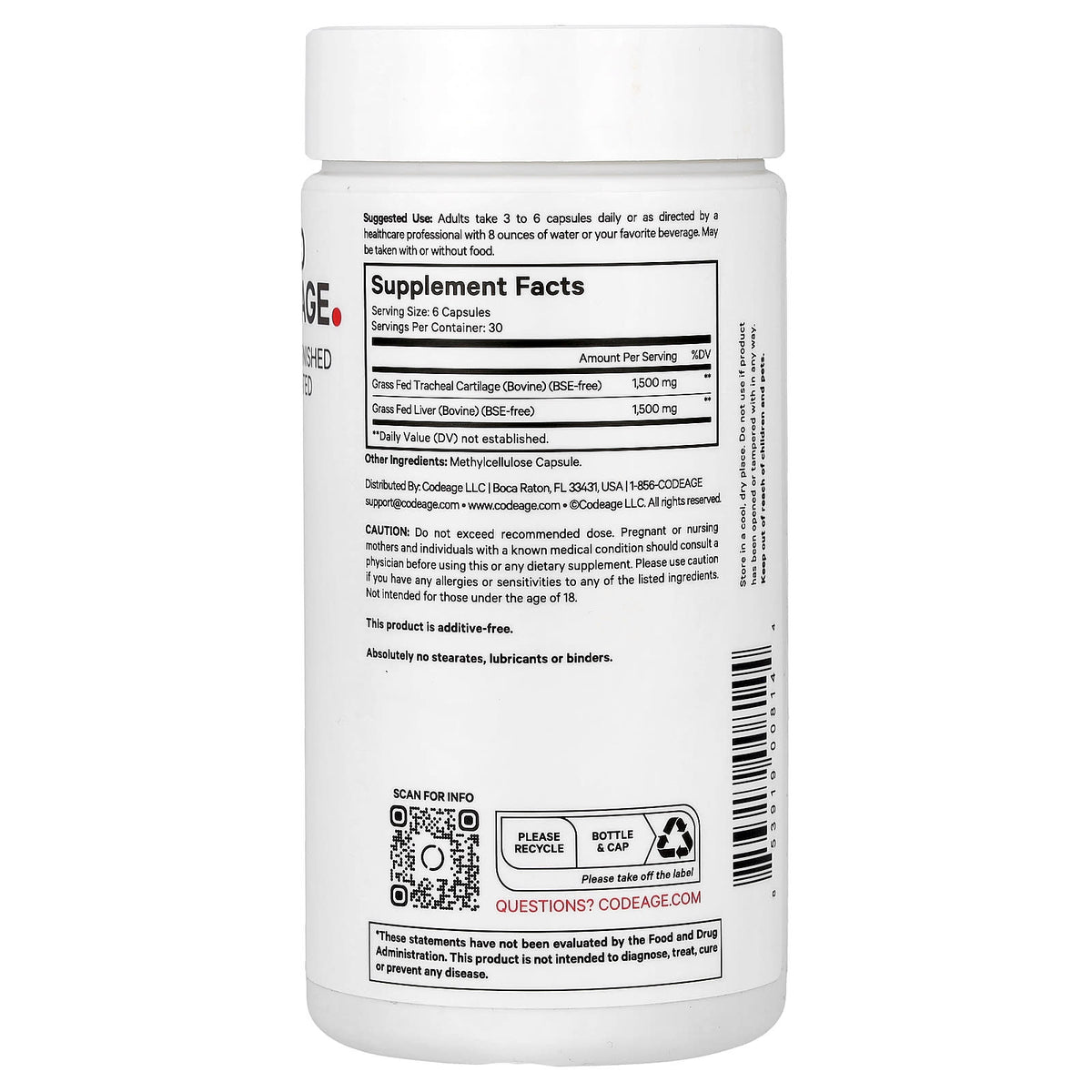 Codeage, Grass-Fed Beef Cartilage, 180 capsules UPC 853919008144 | Hilife Vitamins