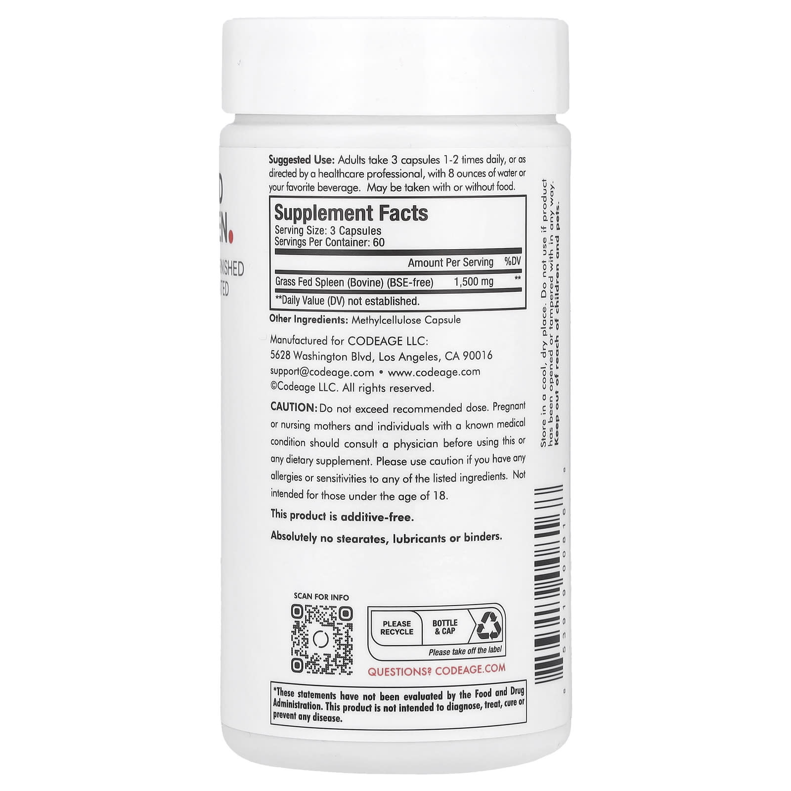 Codeage, Grass-Fed Beef Spleen, 180 capsules UPC 853919008168 | HiLife Vitamins