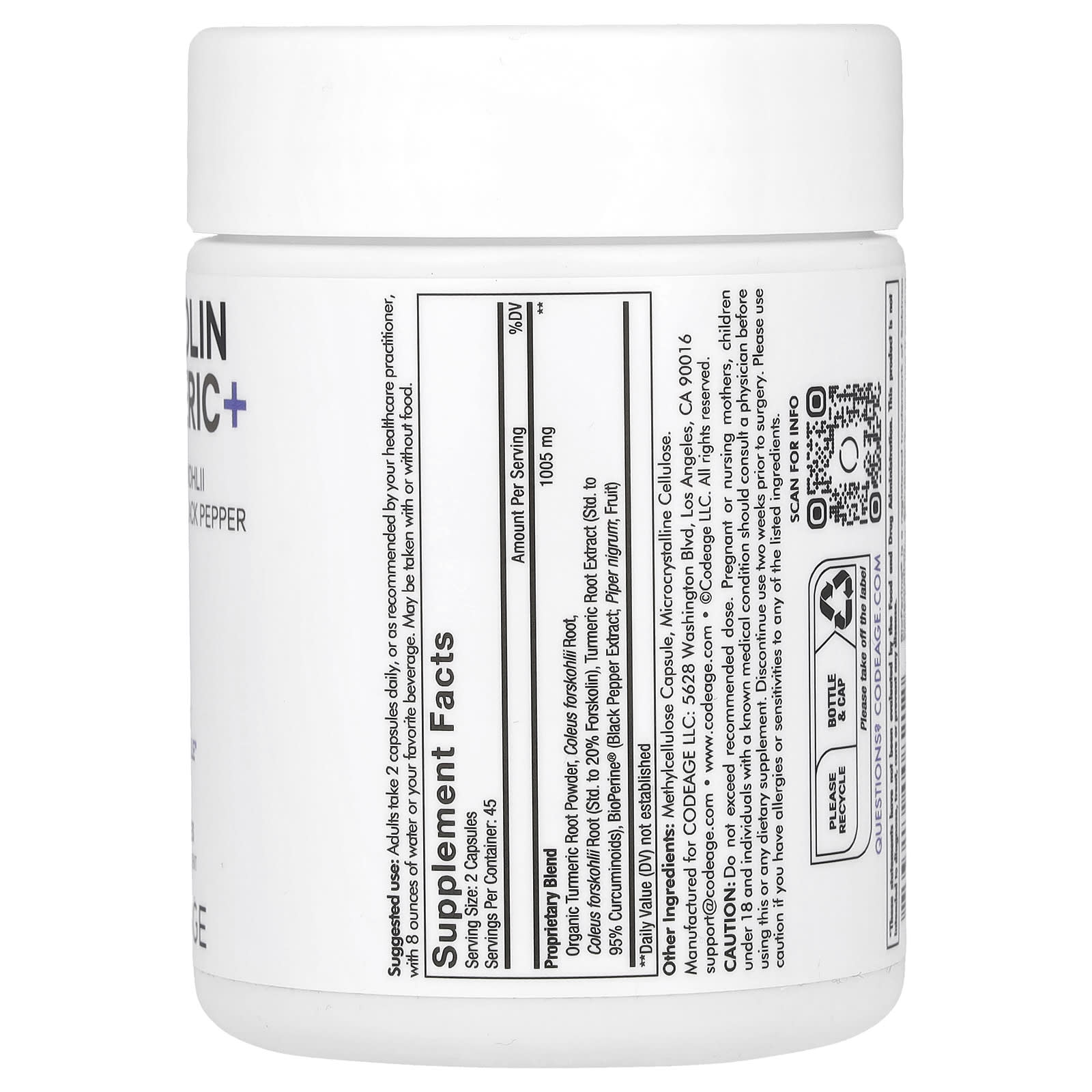 Codeage, Forskolin Turmeric+, 90 capsules UPC 853919008212 | HiLife Vitamins