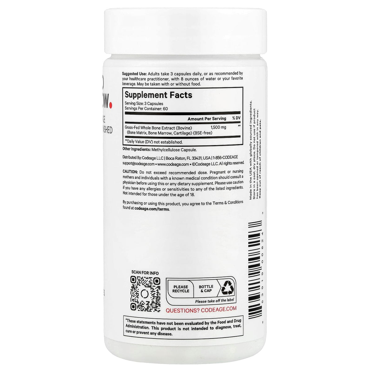 Codeage, Grass-Fed Bone Marrow, 180 Vegetable Capsules UPC 853919008243 | Hilife Vitamins