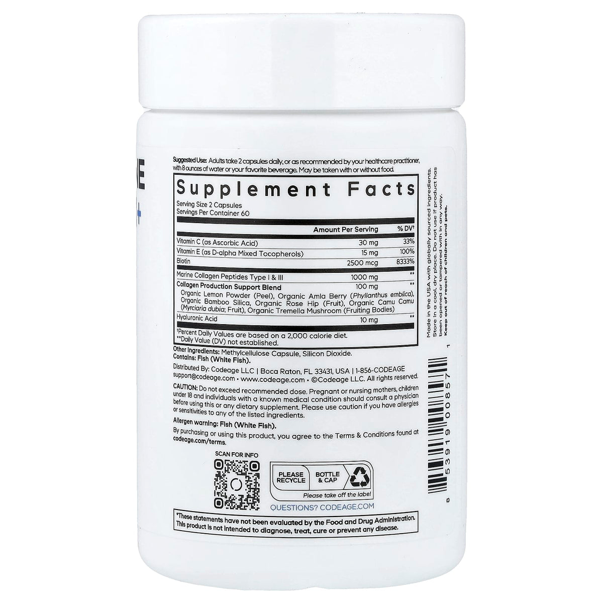 Codeage, Biotin Marine Collagen+, 120 capsules UPC 853919008571 | Hilife Vitamins