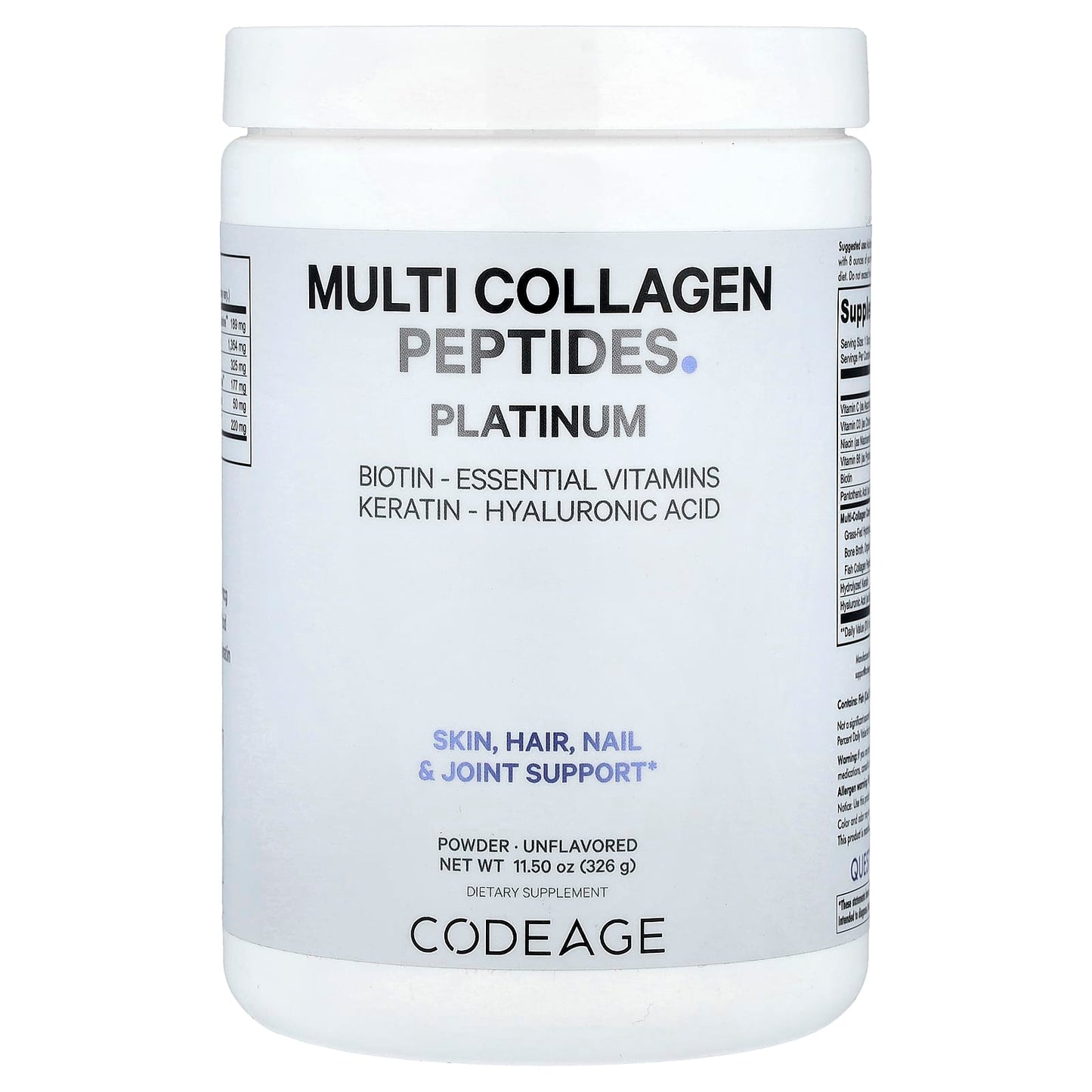 Codeage, Multi Collagen Peptides Powder, Platinum, Unflavored, 11.5 oz (326 g) UPC 853919008588 | HiLife Vitamins