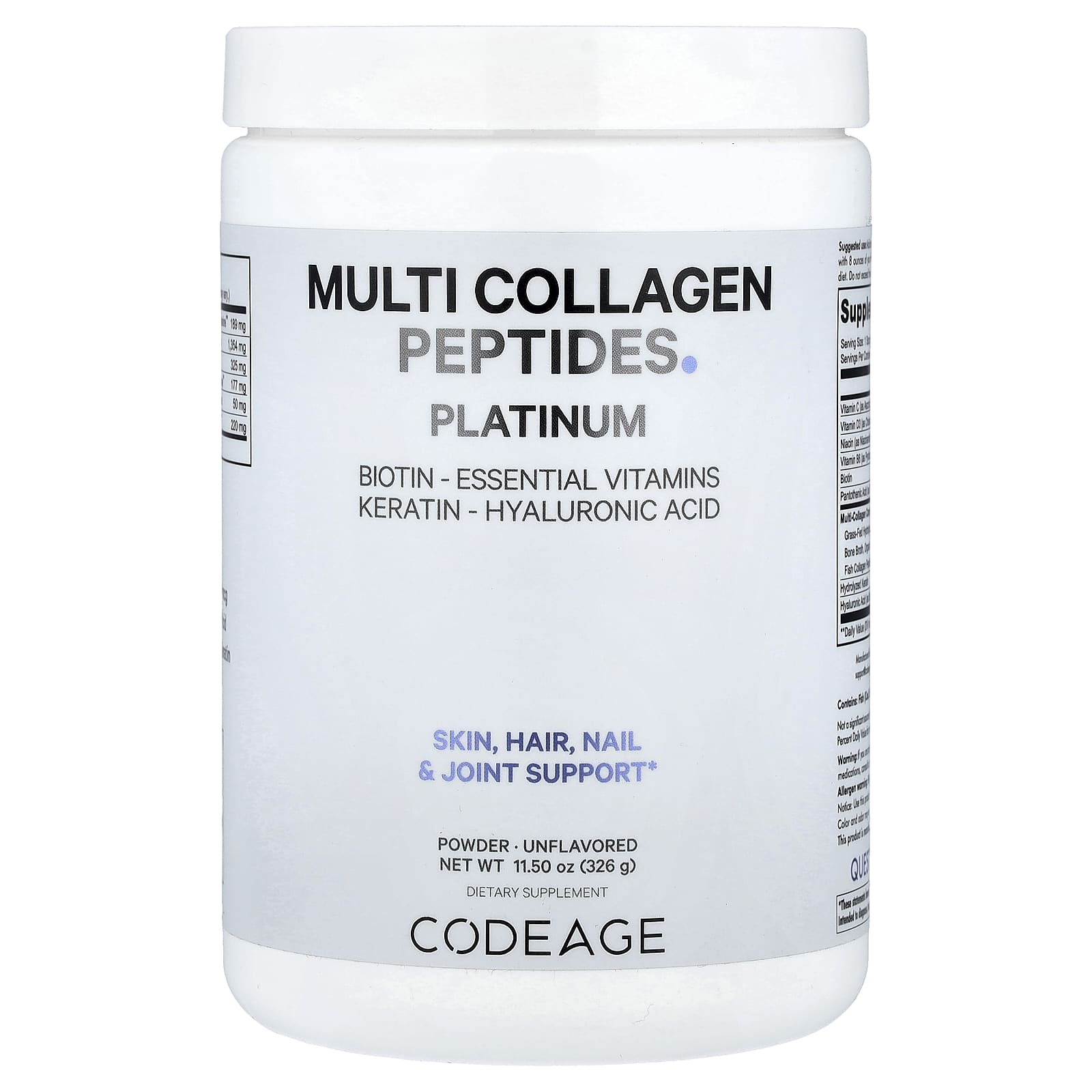 Codeage, Multi Collagen Peptides Powder, Platinum, Unflavored, 11.5 oz (326 g) UPC 853919008588 | HiLife Vitamins