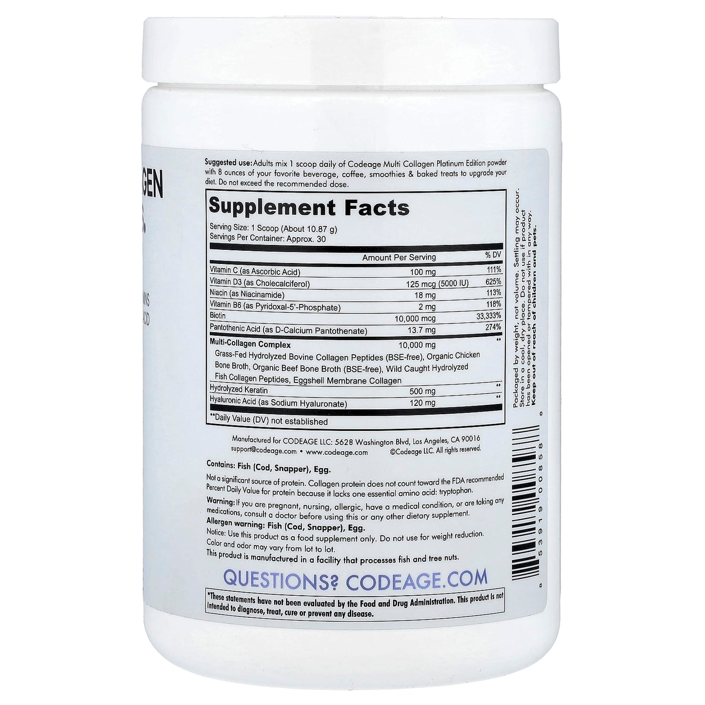 Codeage, Multi Collagen Peptides Powder, Platinum, Unflavored, 11.5 oz (326 g) UPC 853919008588 | HiLife Vitamins