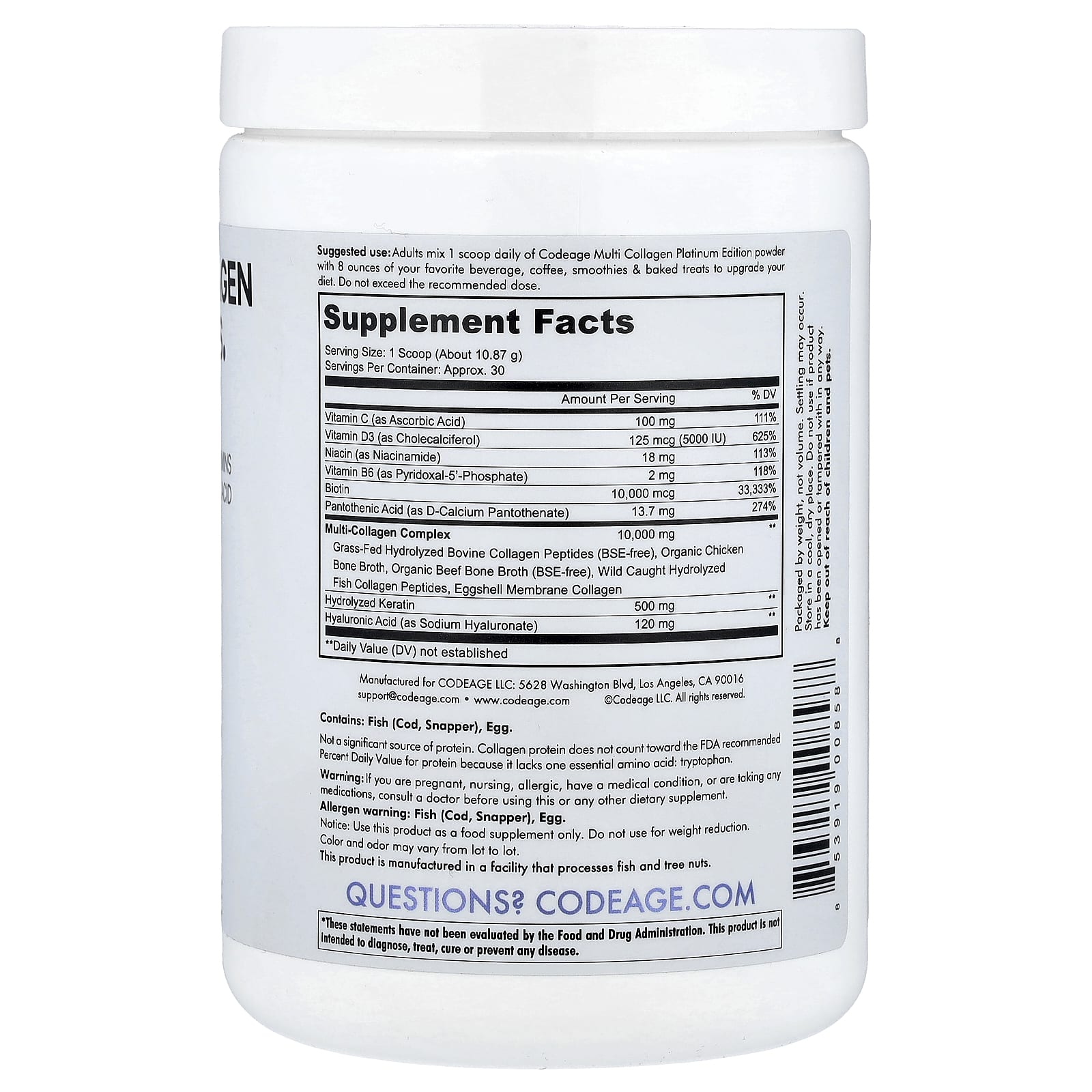 Codeage, Multi Collagen Peptides Powder, Platinum, Unflavored, 11.5 oz (326 g) UPC 853919008588 | HiLife Vitamins
