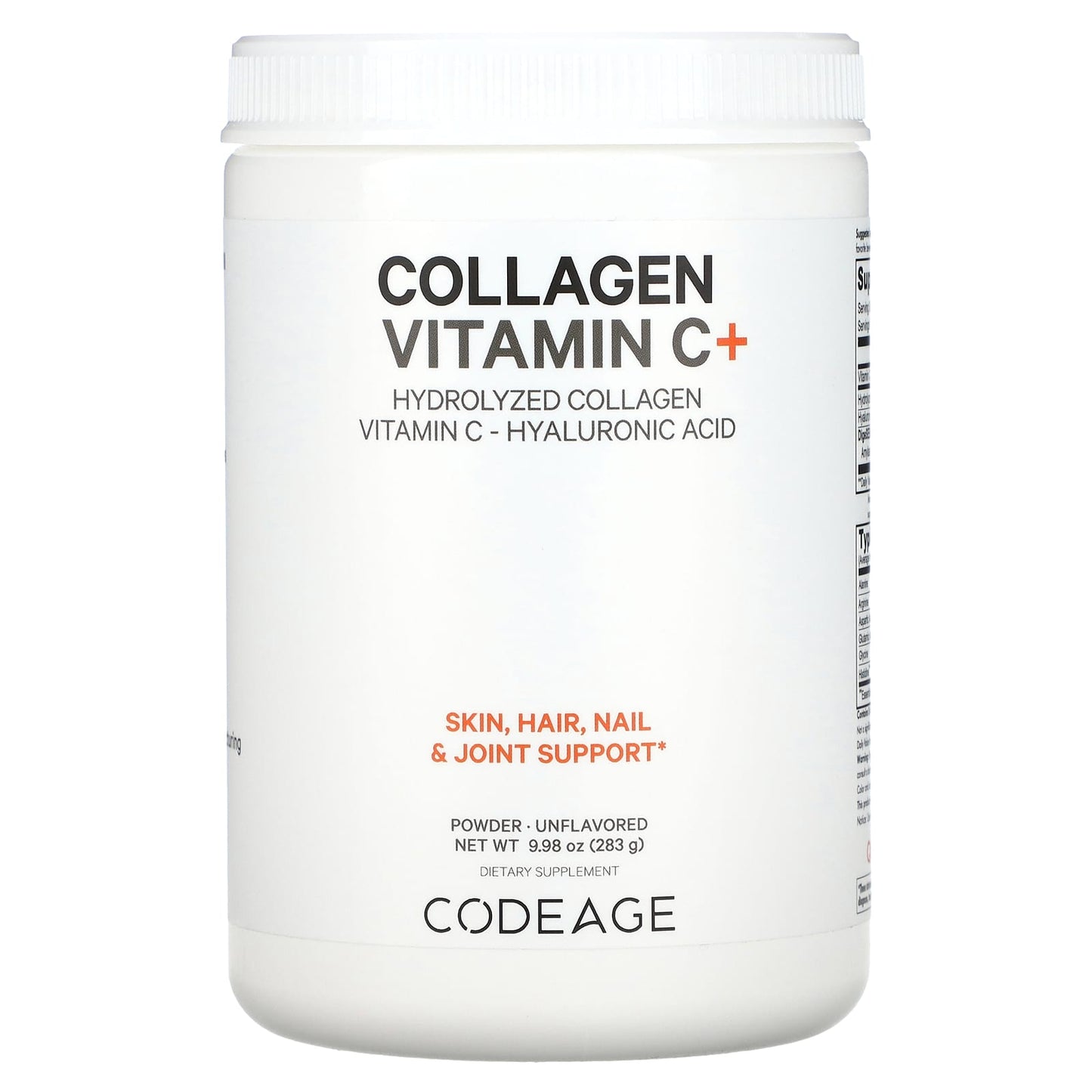 Codeage, Collagen Vitamin C + Powder, Hydrolyzed Collagen, Vitamin C, Hyaluronic Acid, Unflavored, 9.98 oz (283 g) UPC 853919008625 | HiLife Vitamins