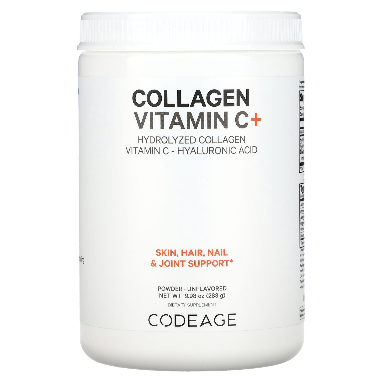 Codeage, Collagen Vitamin C + Powder, Hydrolyzed Collagen, Vitamin C, Hyaluronic Acid, Unflavored, 9.98 oz (283 g) UPC 853919008625 | HiLife Vitamins