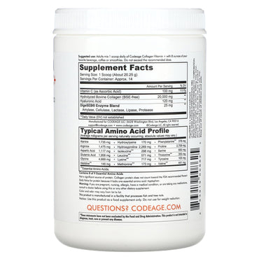 Codeage, Collagen Vitamin C + Powder, Hydrolyzed Collagen, Vitamin C, Hyaluronic Acid, Unflavored, 9.98 oz (283 g) UPC 853919008625 | HiLife Vitamins