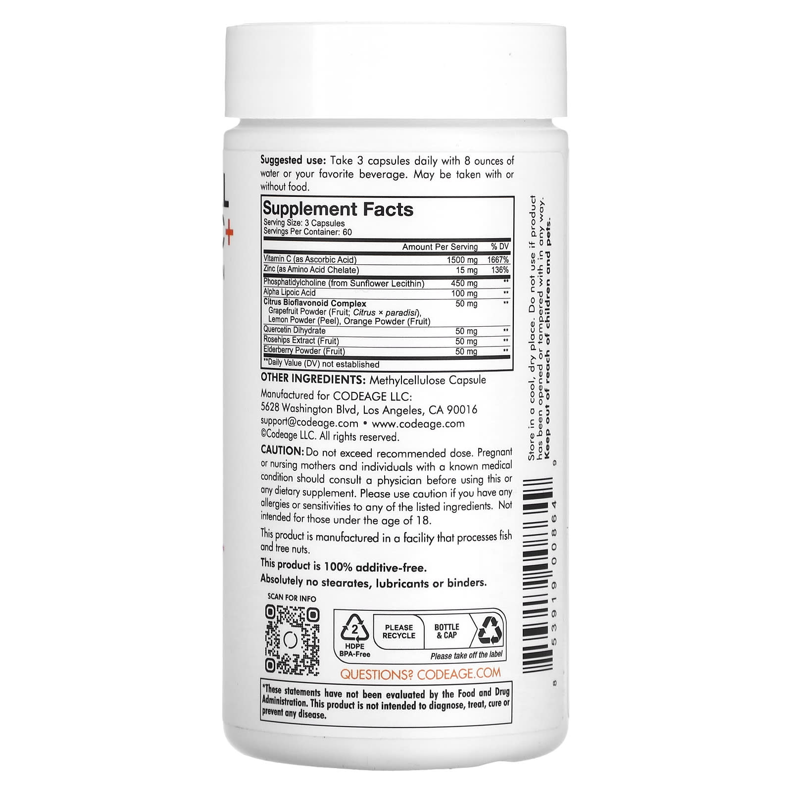 Codeage, Liposomal Vitamin C+, Vitamin C, Quercetin, Rosehips, Zinc, 180 Vegetable Capsules UPC 853919008649 | HiLife Vitamins