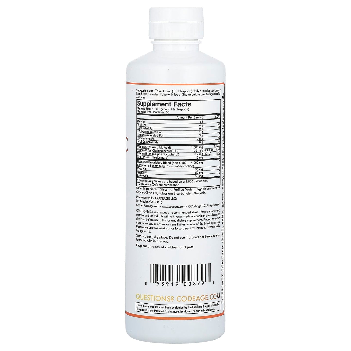 Codeage, Nanofood, Wonder-C, Orange Tangerine, 15.22 fl oz (450 ml) UPC 853919008793 | HiLife Vitamins