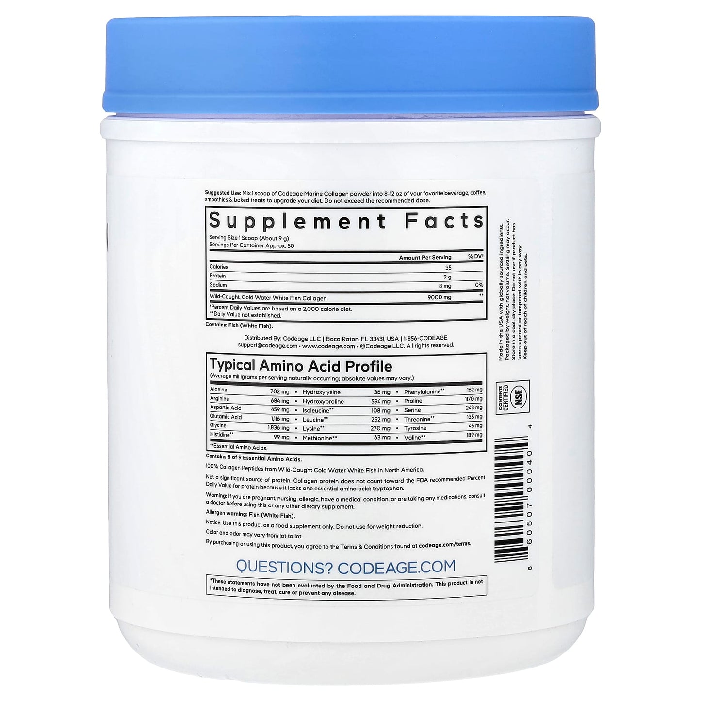 Codeage, Wild-Caught Marine Collagen Peptides Powder, Unflavored, 15.87 oz (450 g) UPC 860507000404 | HiLife Vitamins
