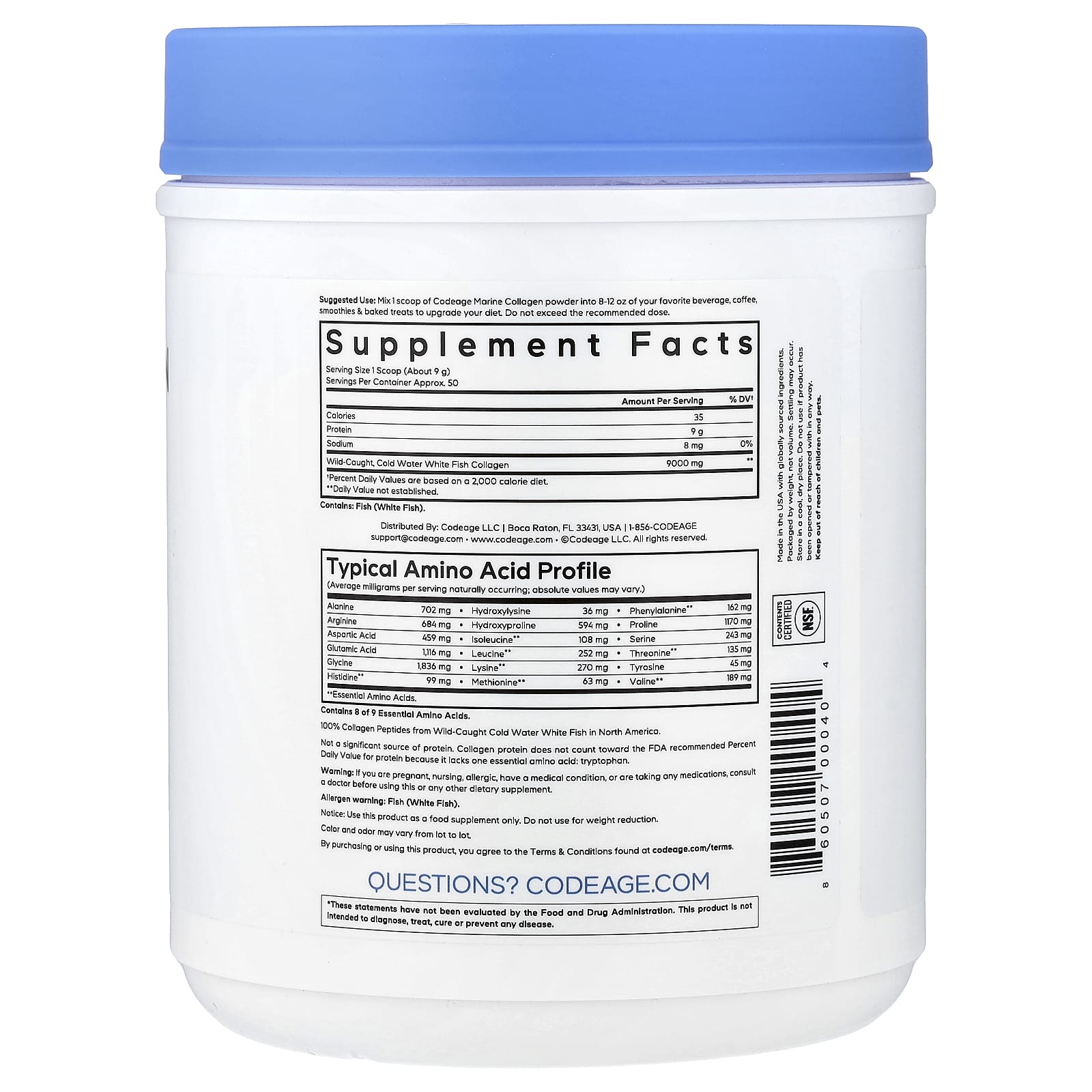 Codeage, Wild-Caught Marine Collagen Peptides Powder, Unflavored, 15.87 oz (450 g) UPC 860507000404 | HiLife Vitamins