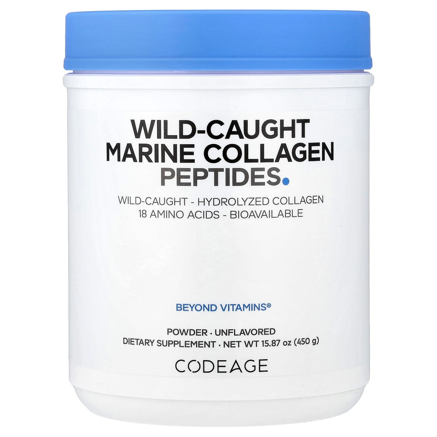 Codeage, Wild-Caught Marine Collagen Peptides Powder, Unflavored, 15.87 oz (450 g) UPC 860507000404 | HiLife Vitamins
