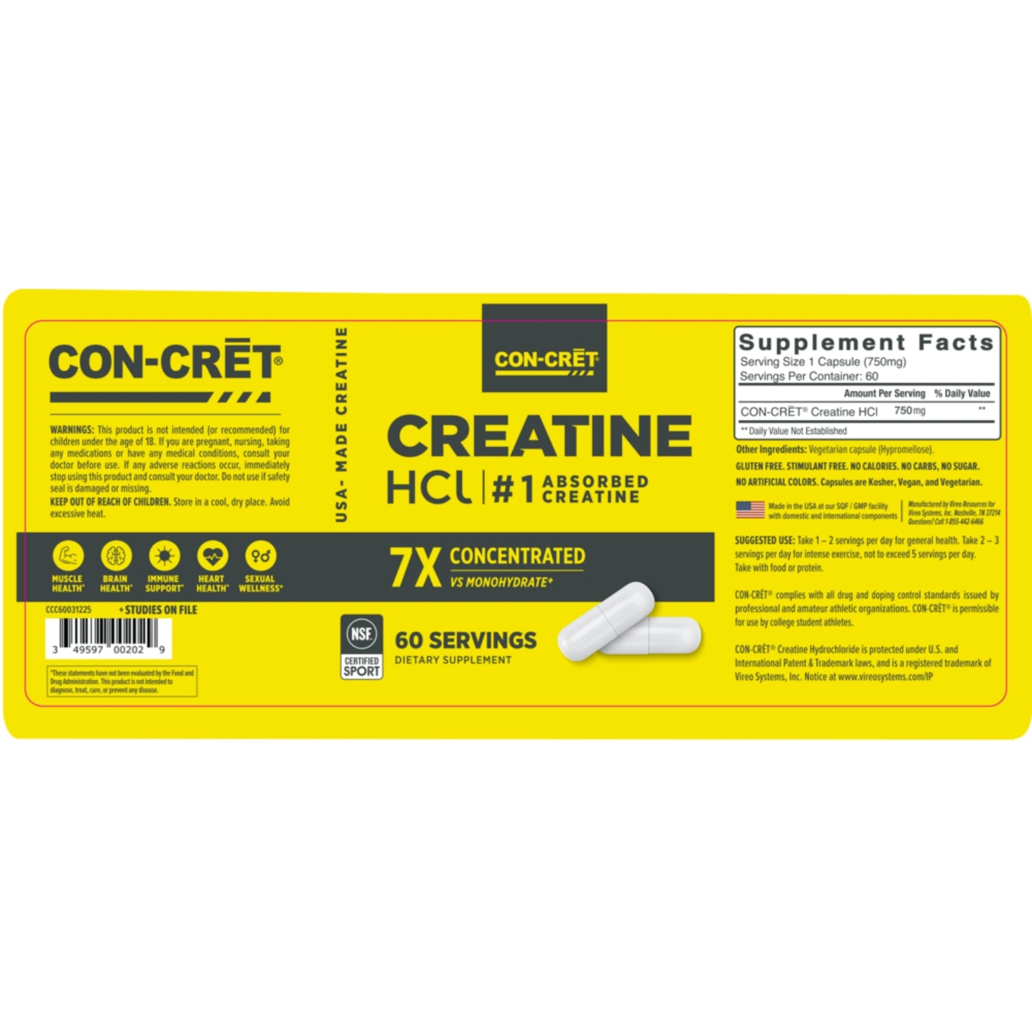 Con-Cret, Creatine HCl Capsules, 750mg, 60 Capsules UPC 349597002029 | Hilife Vitamins