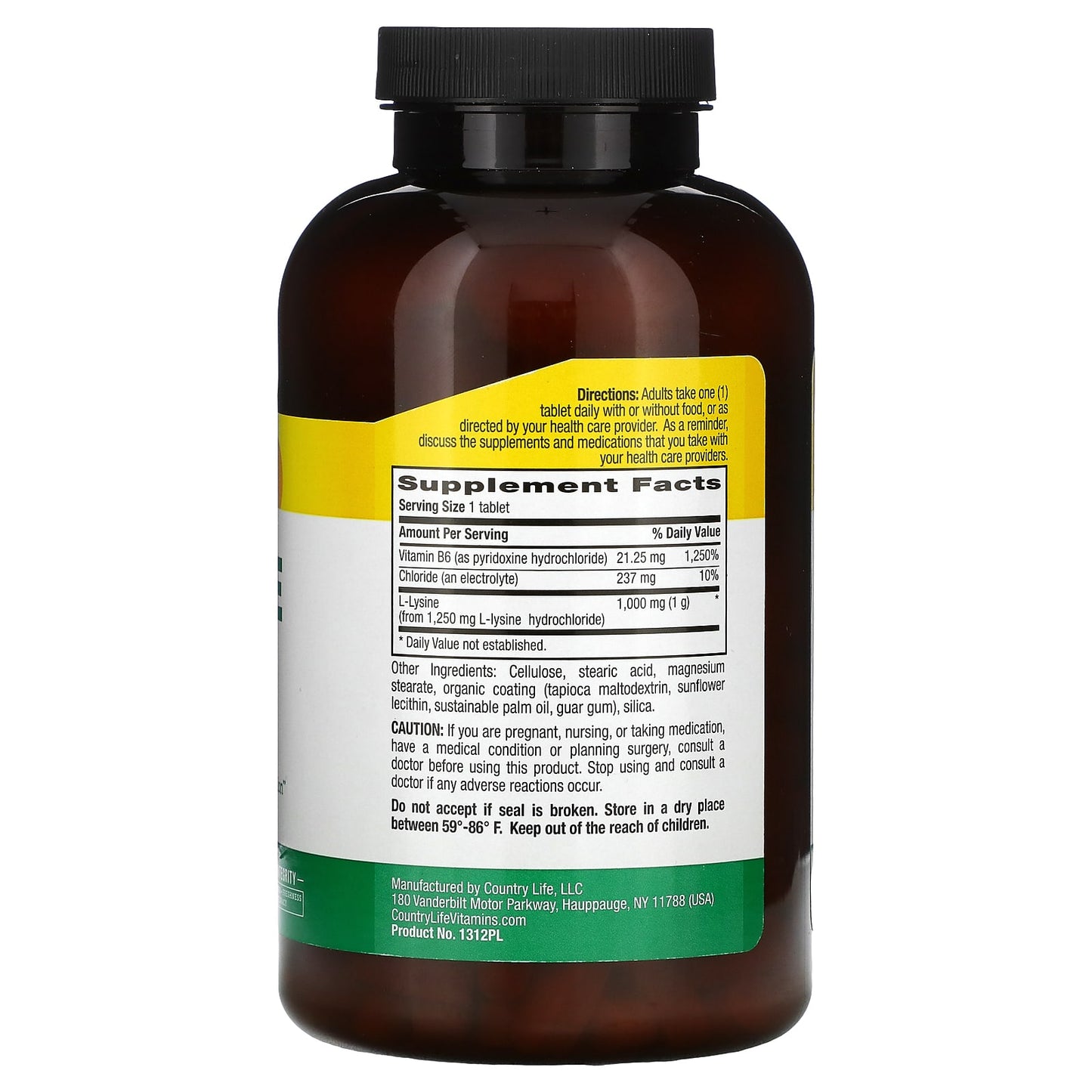 Country Life, L-LYSINE 1000 mg W/B-6, 250 Tablets UPC 015794013129 | Hilife Vitamins