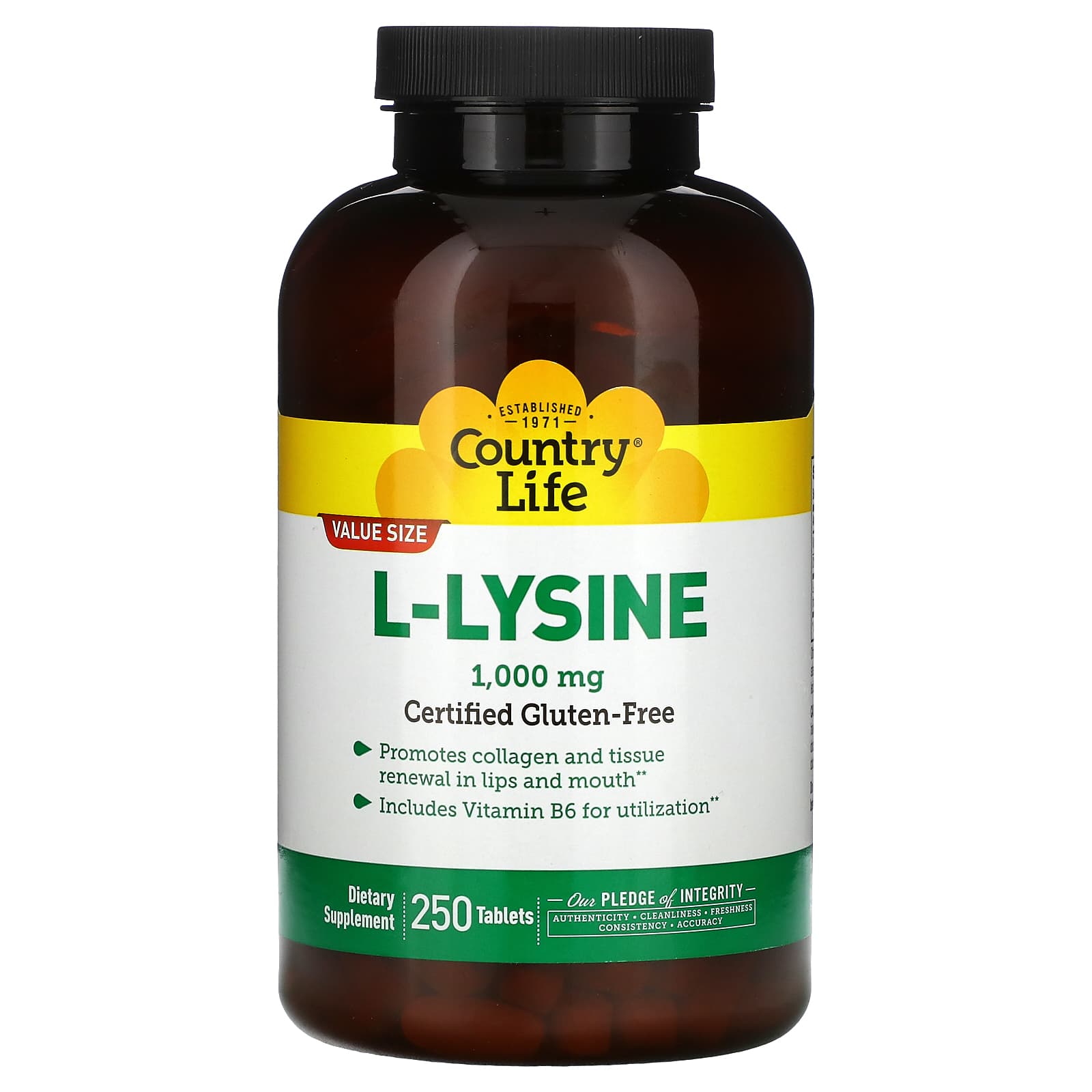 Country Life, L-LYSINE 1000 mg W/B-6, 250 Tablets UPC 015794013129 | Hilife Vitamins