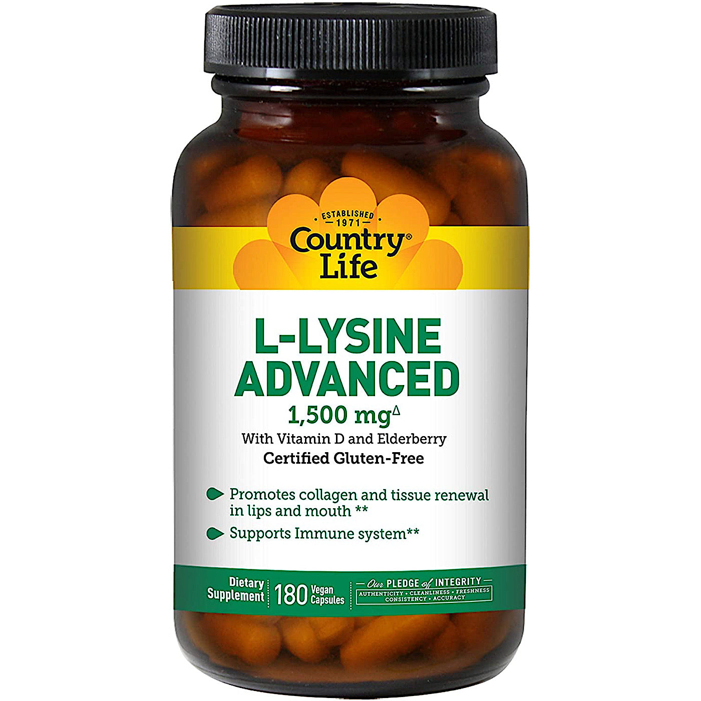 Country Life, l- Lysine advanced, 180 Vegan Capsules UPC 015794013150 | Hilife Vitamins