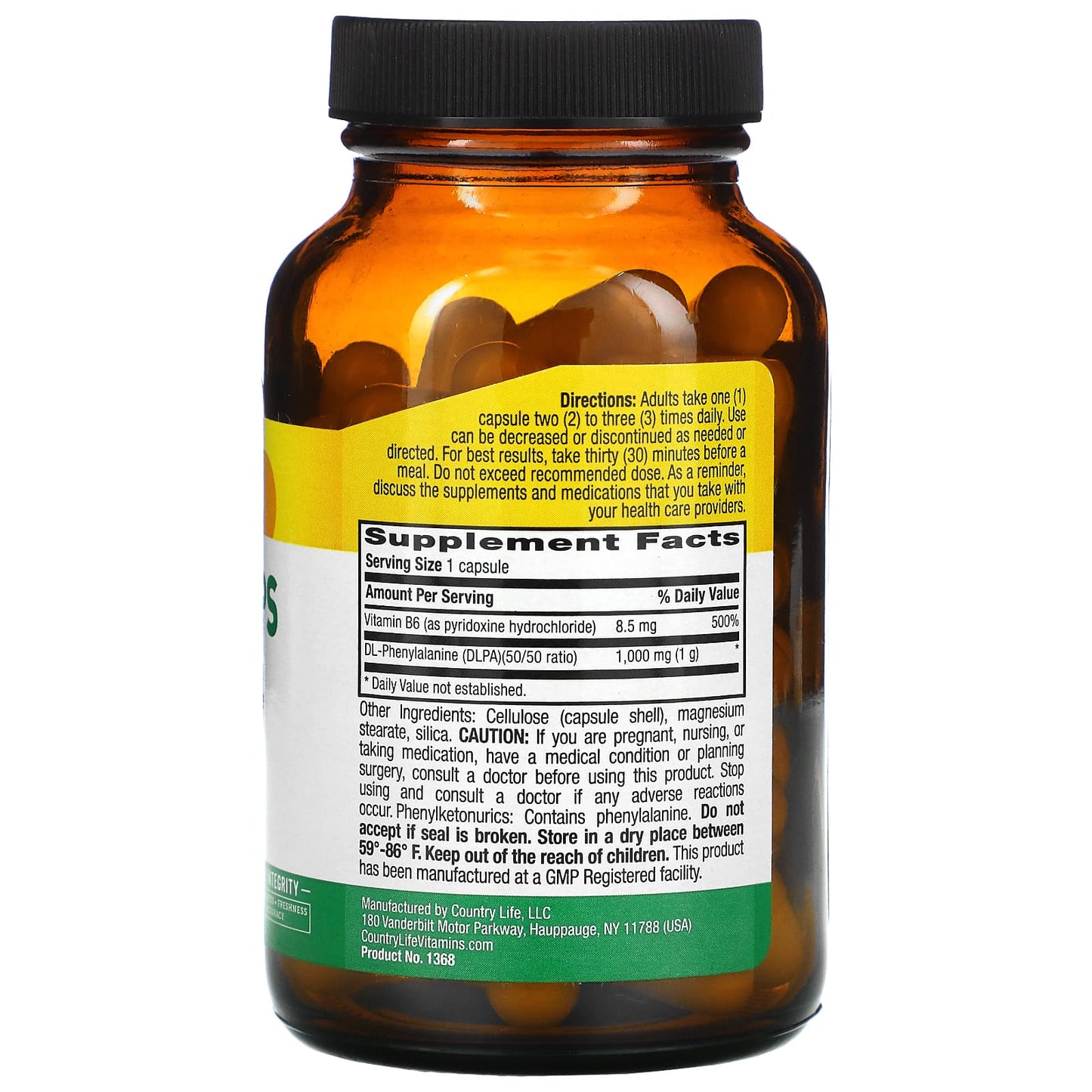Country Life, Dl-Phenylalanine 1000 Mg Caps W/B-6, 60 Capsules UPC 015794013686 | Hilife Vitamins