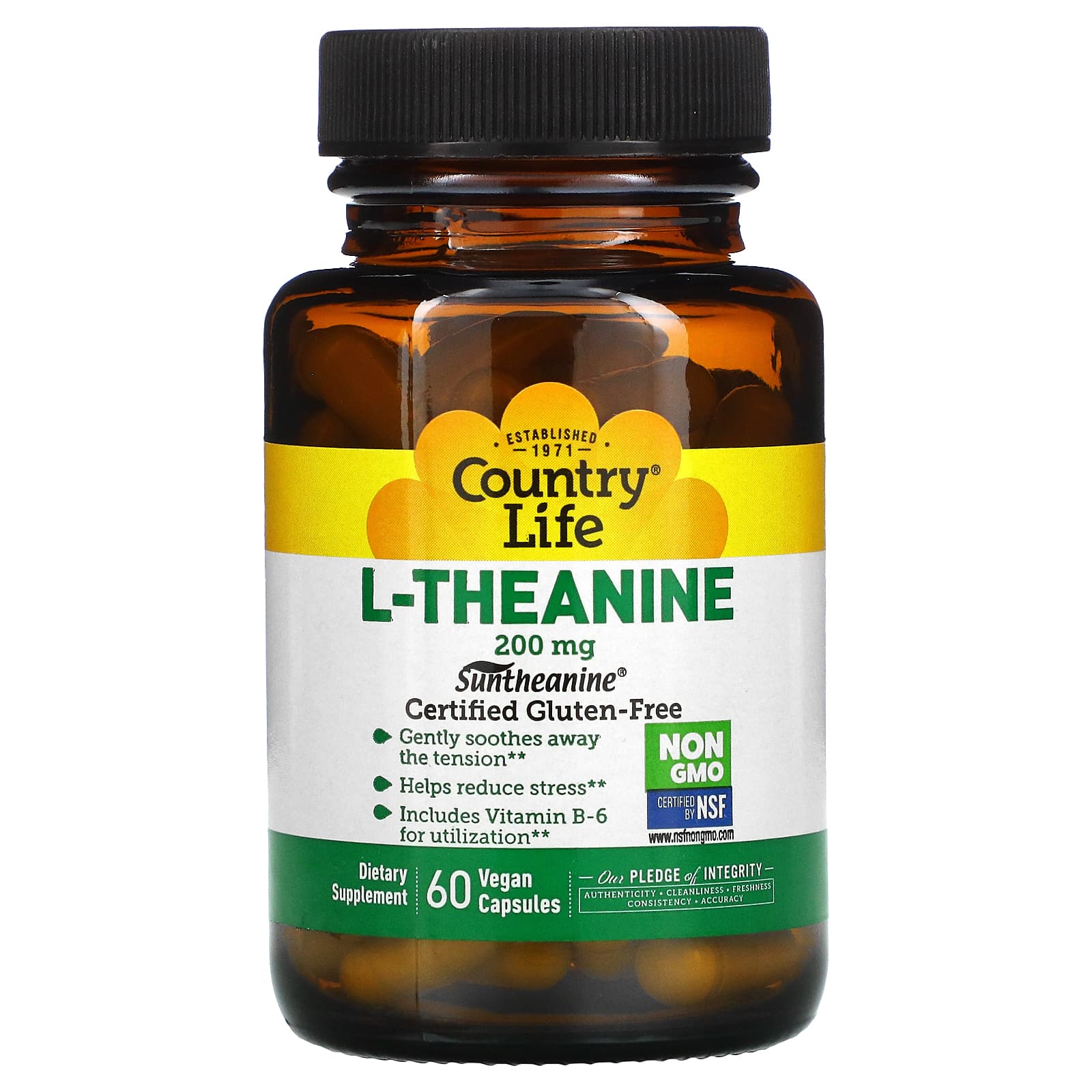 Country Life, L-Theanine, 200 mg, 60 Vegetarian Capsules UPC 015794014126 | Hilife Vitamins