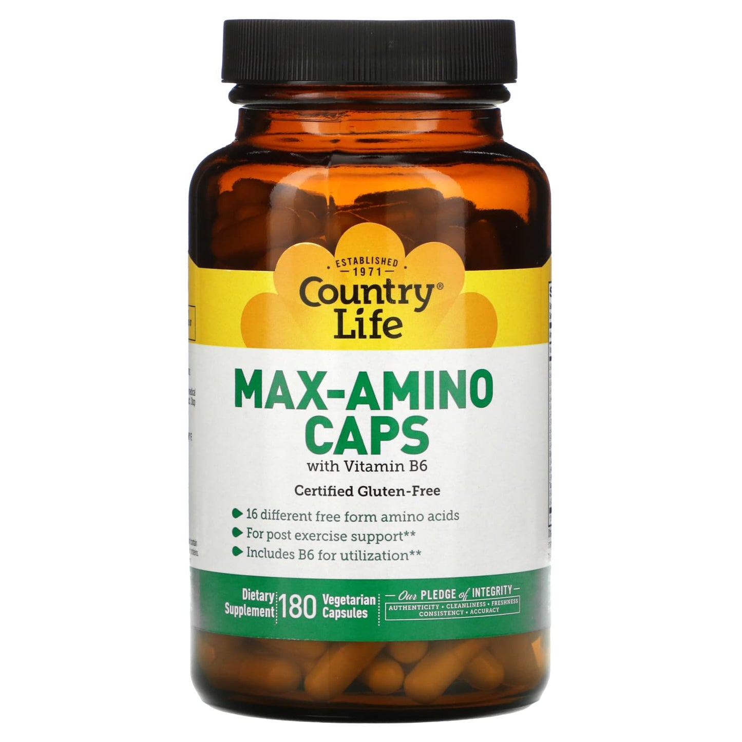 Country Life, Max-Amino Caps with Vitamin B-6, 180 Vegetarian Capsules UPC 015794014966 | Hilife Vitamins