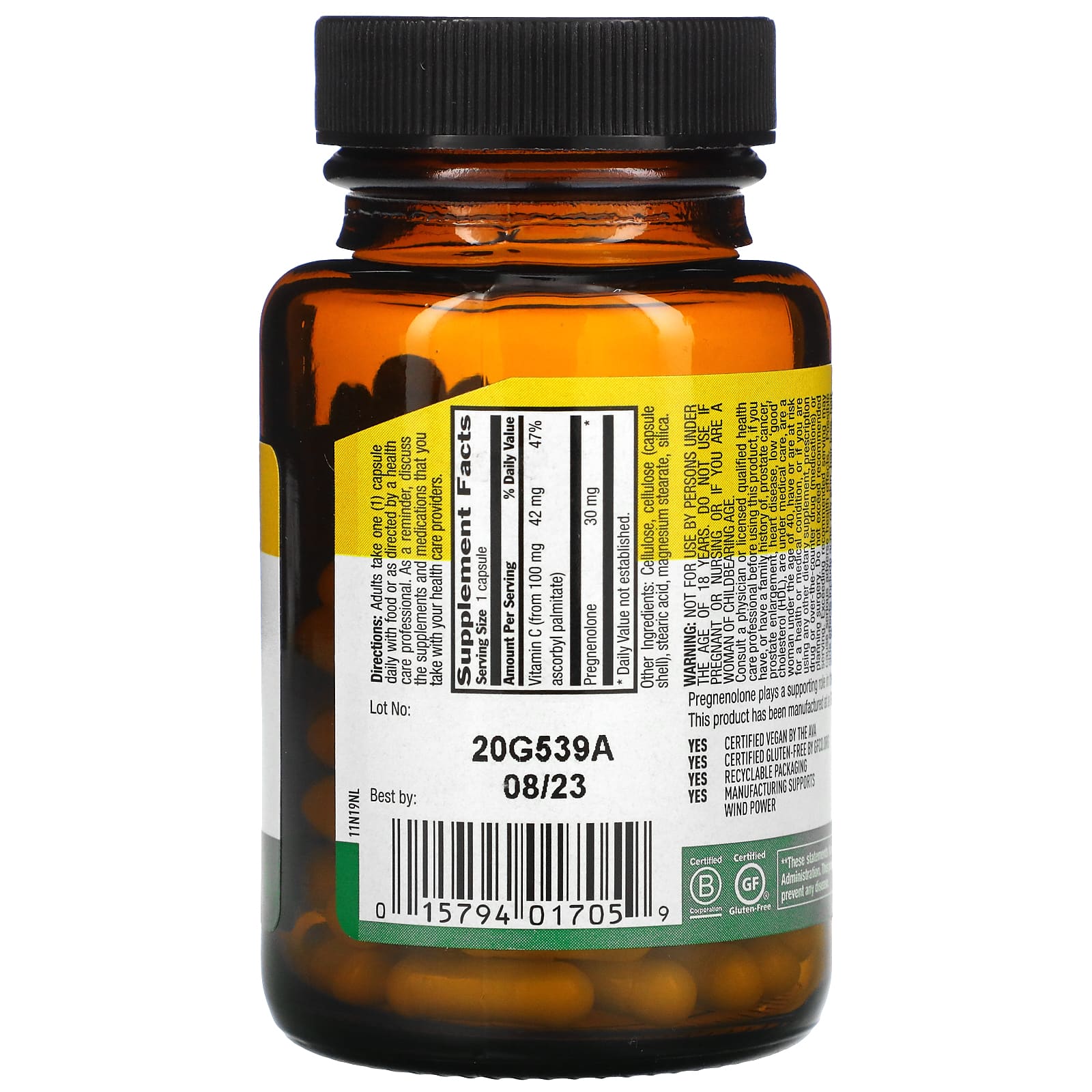 Country Life, Pregnenolone, 30 mg, 60 Vegan Capsules UPC 015794017059 | Hilife Vitamins