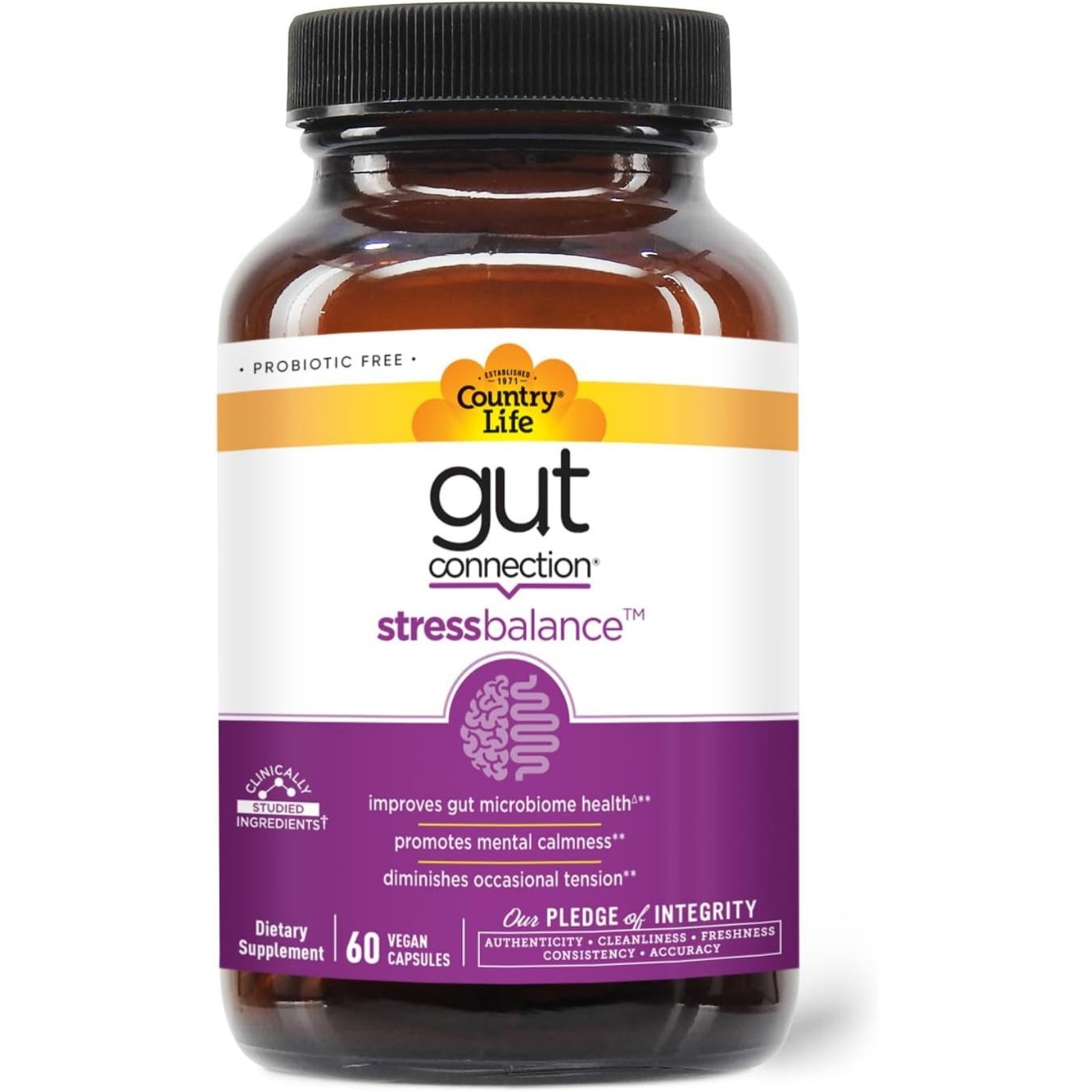 Country Life, Gut Connection®, StressBalance™, 60 Vegan Capsules UPC 015794030119 | Hilife Vitamins