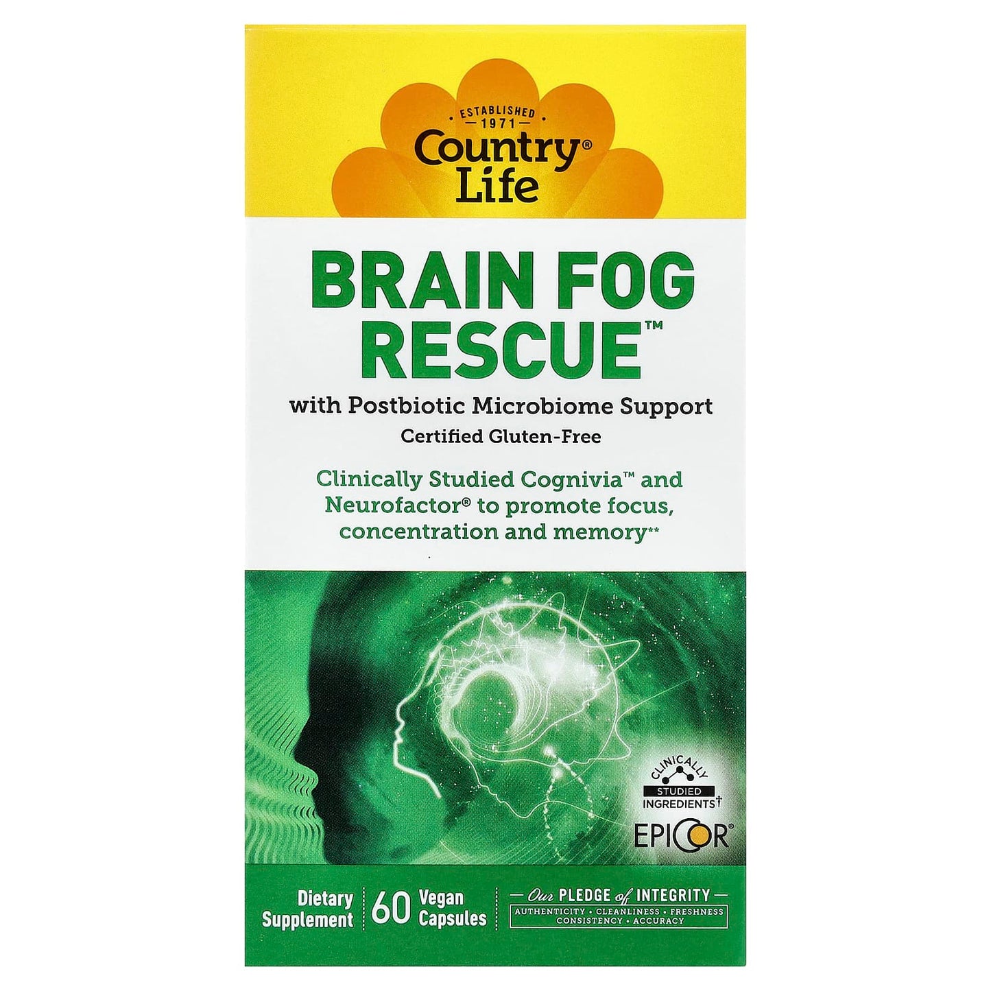 Country Life, Brain Fog Rescue™, 60 Vegan Capsules UPC 015794030218 | Hilife Vitamins