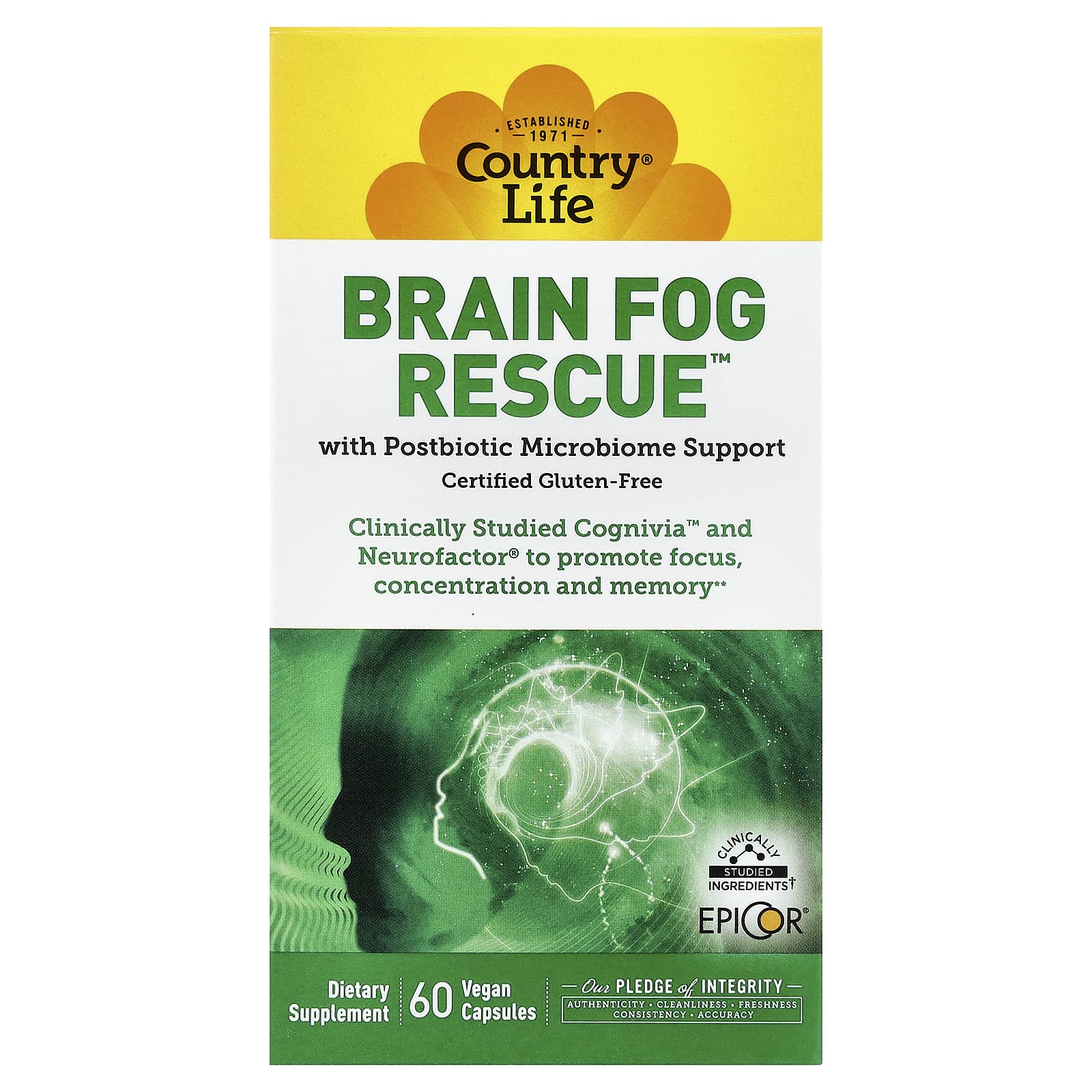 Country Life, Brain Fog Rescue™, 60 Vegan Capsules UPC 015794030218 | Hilife Vitamins