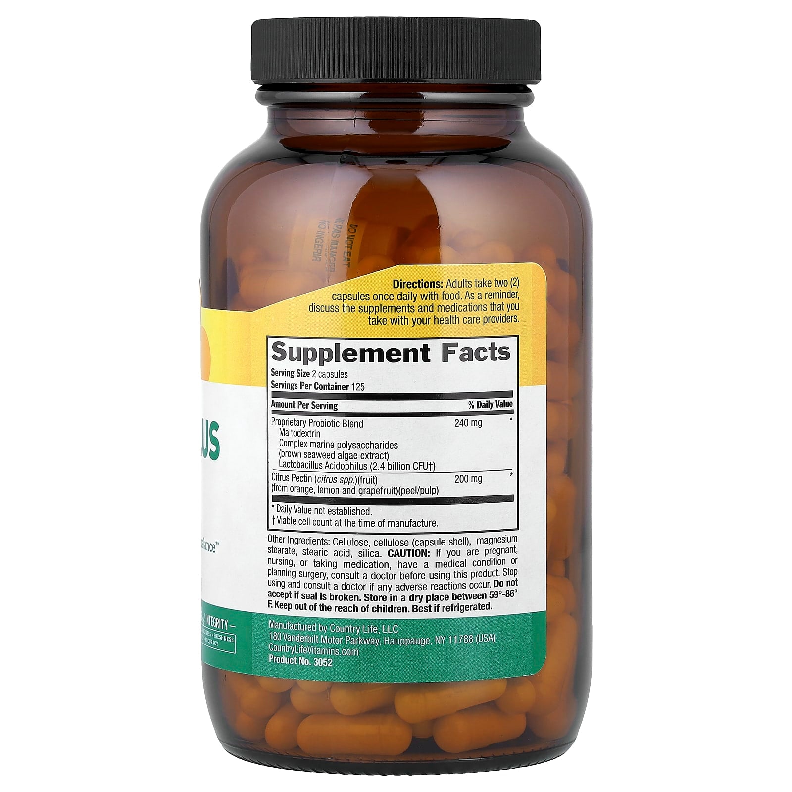 Country Life, Acidophilus With Pectin, 250 Vegan Capsules UPC 015794030522 | Hilife Vitamins