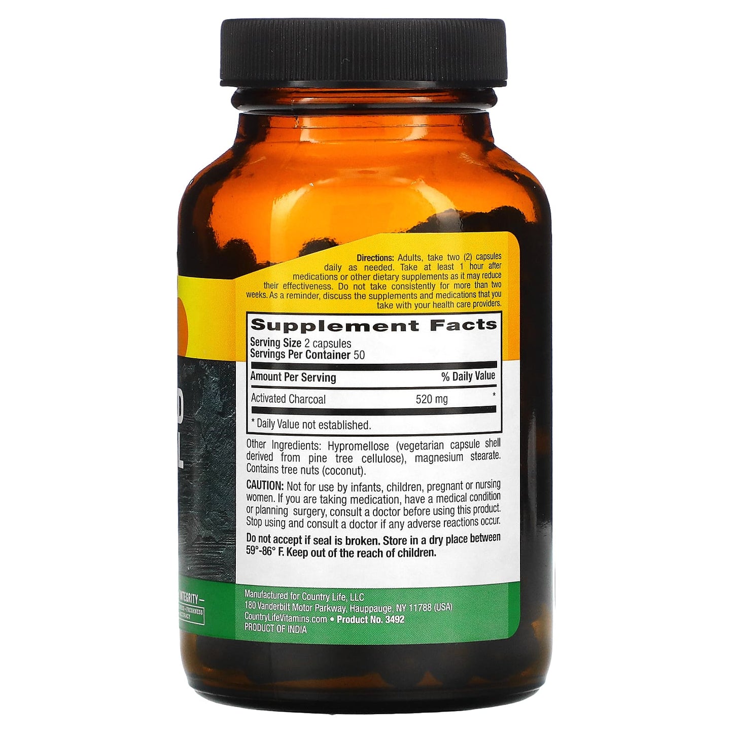 Country Life, Activated Charcoal, Coconut, 260 mg, 100 Vegan Capsules UPC 015794034926 | Hilife Vitamins