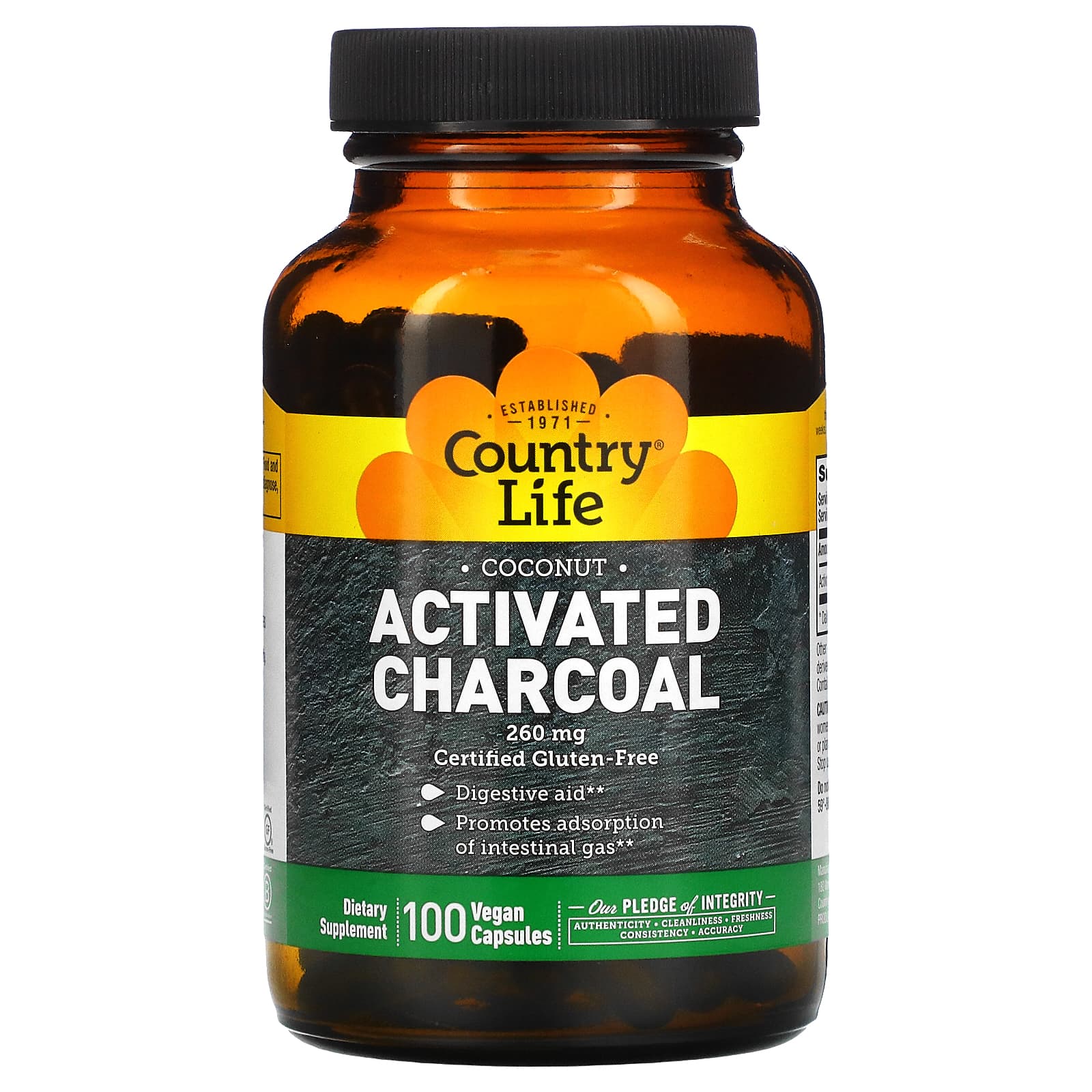 Country Life, Activated Charcoal, Coconut, 260 mg, 100 Vegan Capsules UPC 015794034926 | Hilife Vitamins
