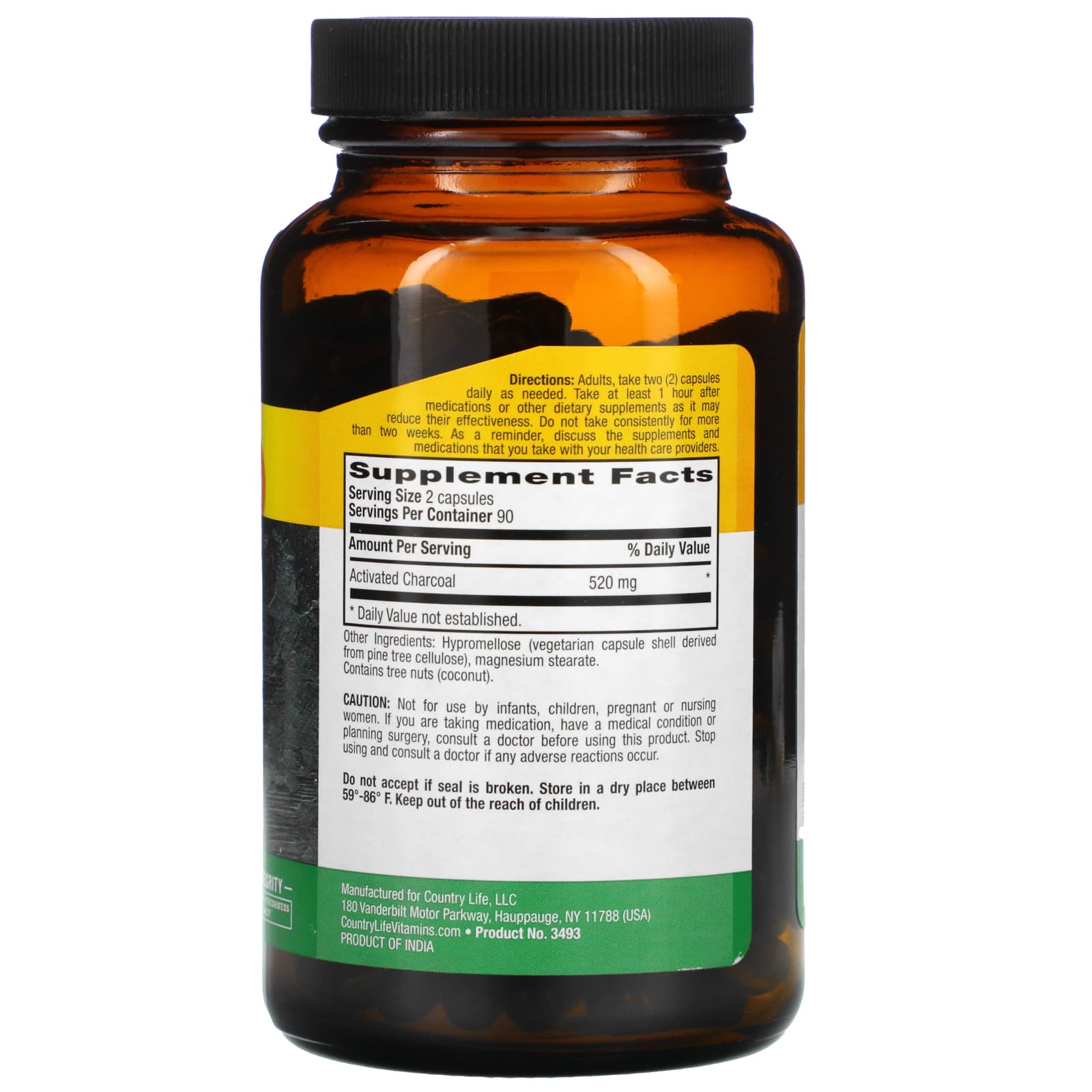 Country Life, Charcoal, 180 Capsules UPC 015794034933 | Hilife Vitamins