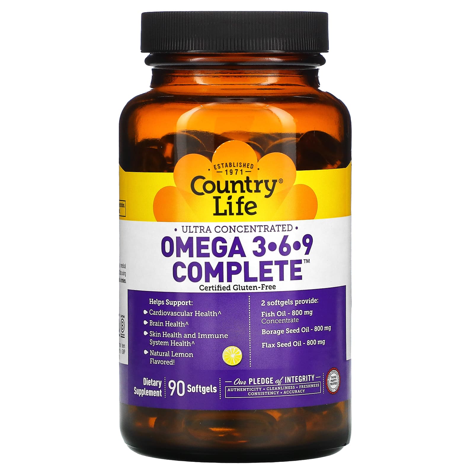 Country Life, Omega 3-6-9 Complete, Ultra Concentrated, Natural Lemon, 90 Softgels UPC 015794041009 | Hilife Vitamins