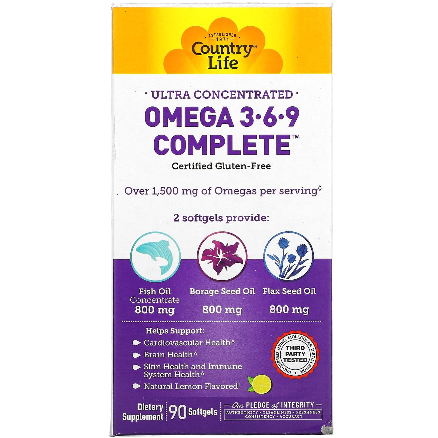 Country Life, Omega 3-6-9 Complete, Ultra Concentrated, Natural Lemon, 90 Softgels UPC 015794041009 | Hilife Vitamins