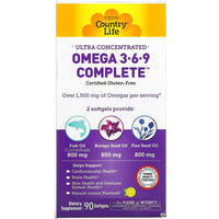 Country Life, Omega 3-6-9 Complete, Ultra Concentrated, Natural Lemon, 90 Softgels UPC 015794041009 | Hilife Vitamins