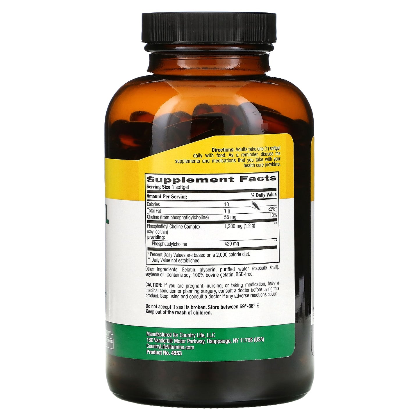 Country Life, Phosphatidyl Choline Complex, 1,200 mg, 200 Softgels UPC 015794045533 | Hilife Vitamins