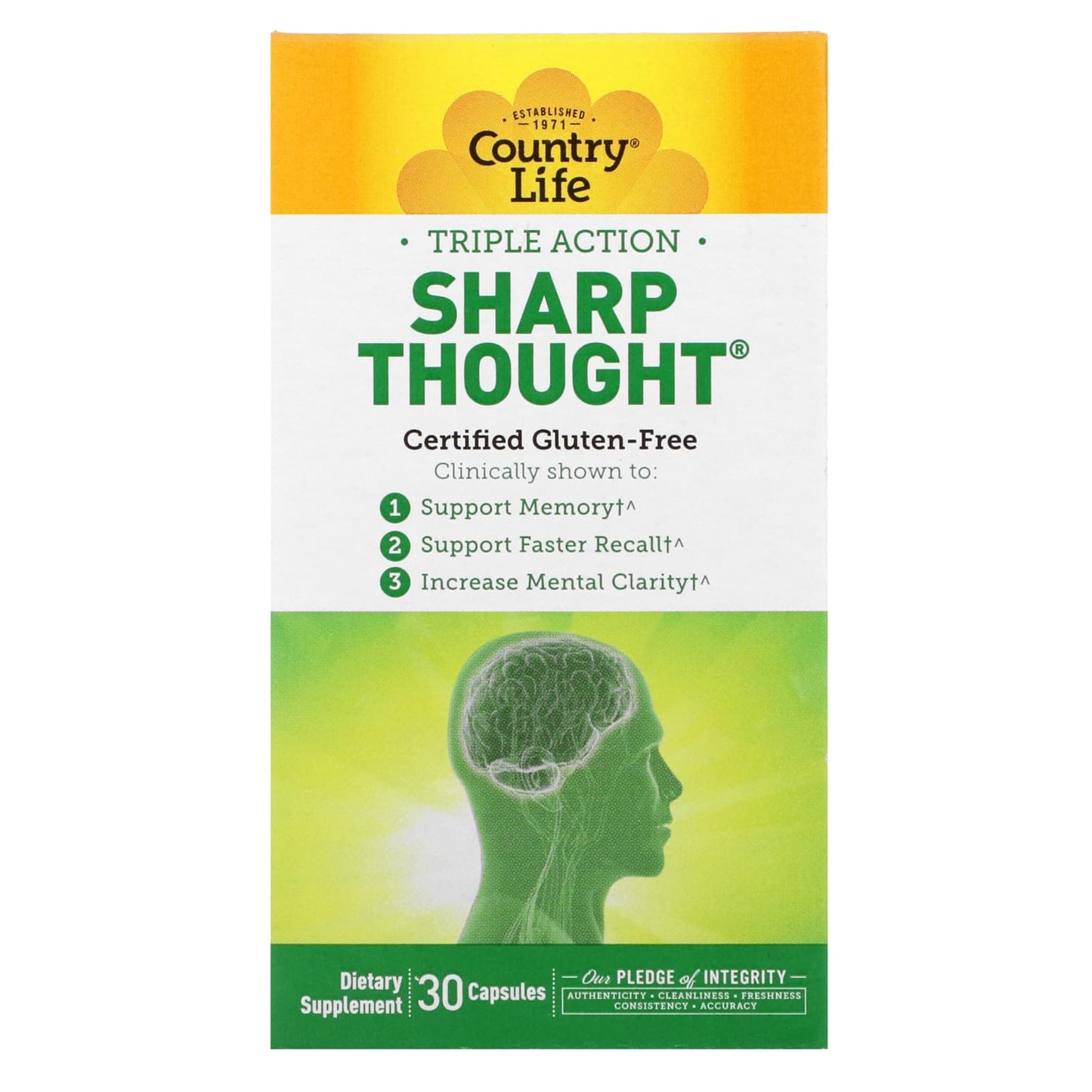 Country Life, Triple Action SharpThought, 30 Vegetarian Capsules UPC 015794049470 | Hilife Vitamins