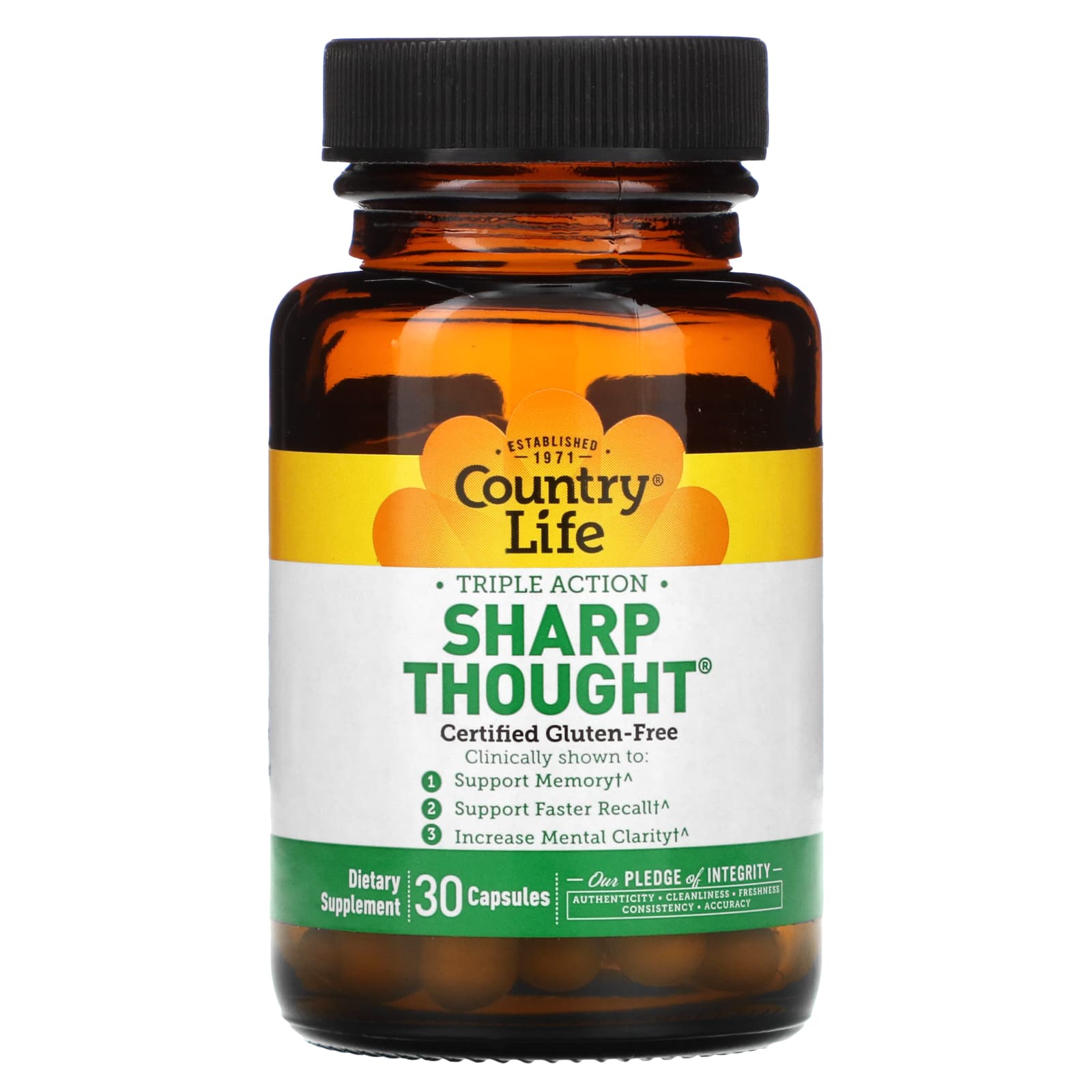 Country Life, Triple Action SharpThought, 30 Vegetarian Capsules UPC 015794049470 | Hilife Vitamins
