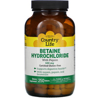 Country Life, Betaine Hydrochloride with Pepsin, 600 mg, 250 Tablets UPC 015794051046 | Hilife Vitamins