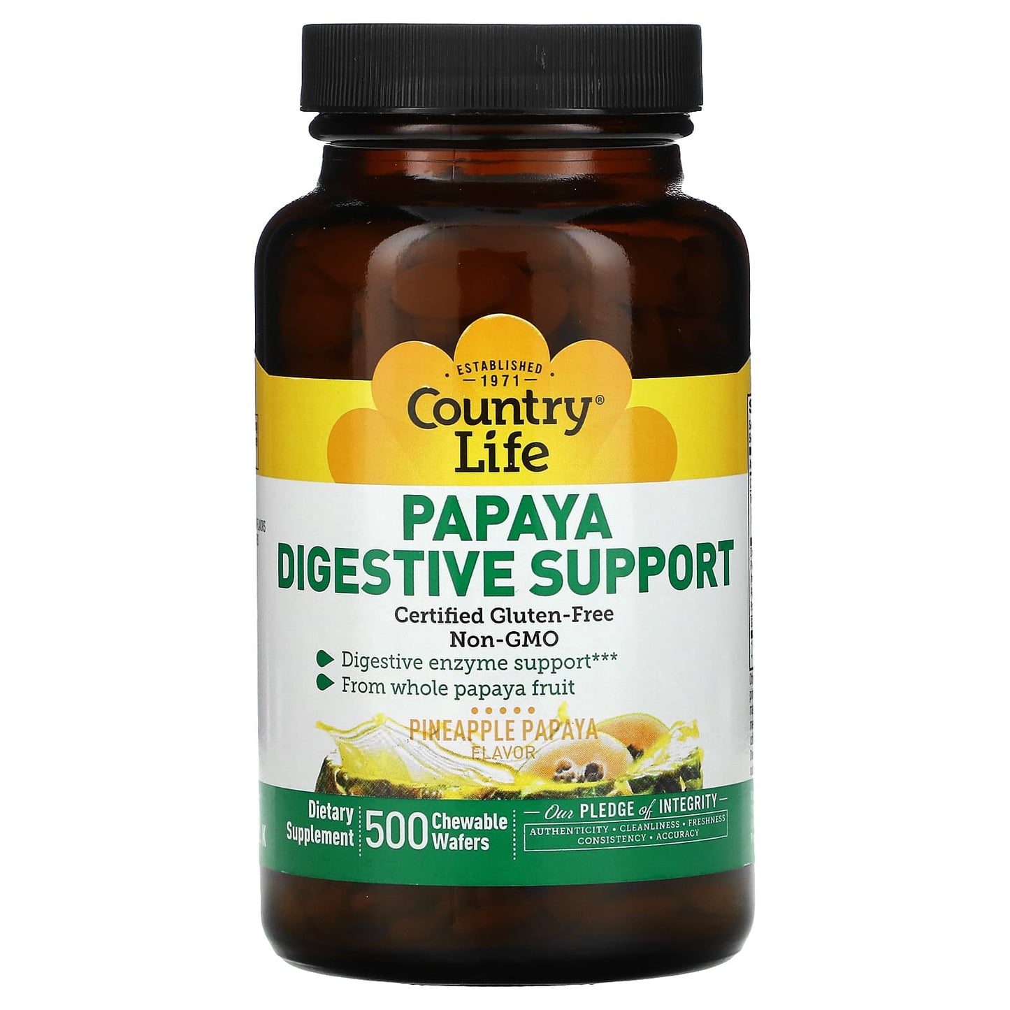 Country Life, Papaya Digestive Support, Pineapple Papaya Flavor, 500 Chewable Wafers UPC 015794053880 | Hilife Vitamins