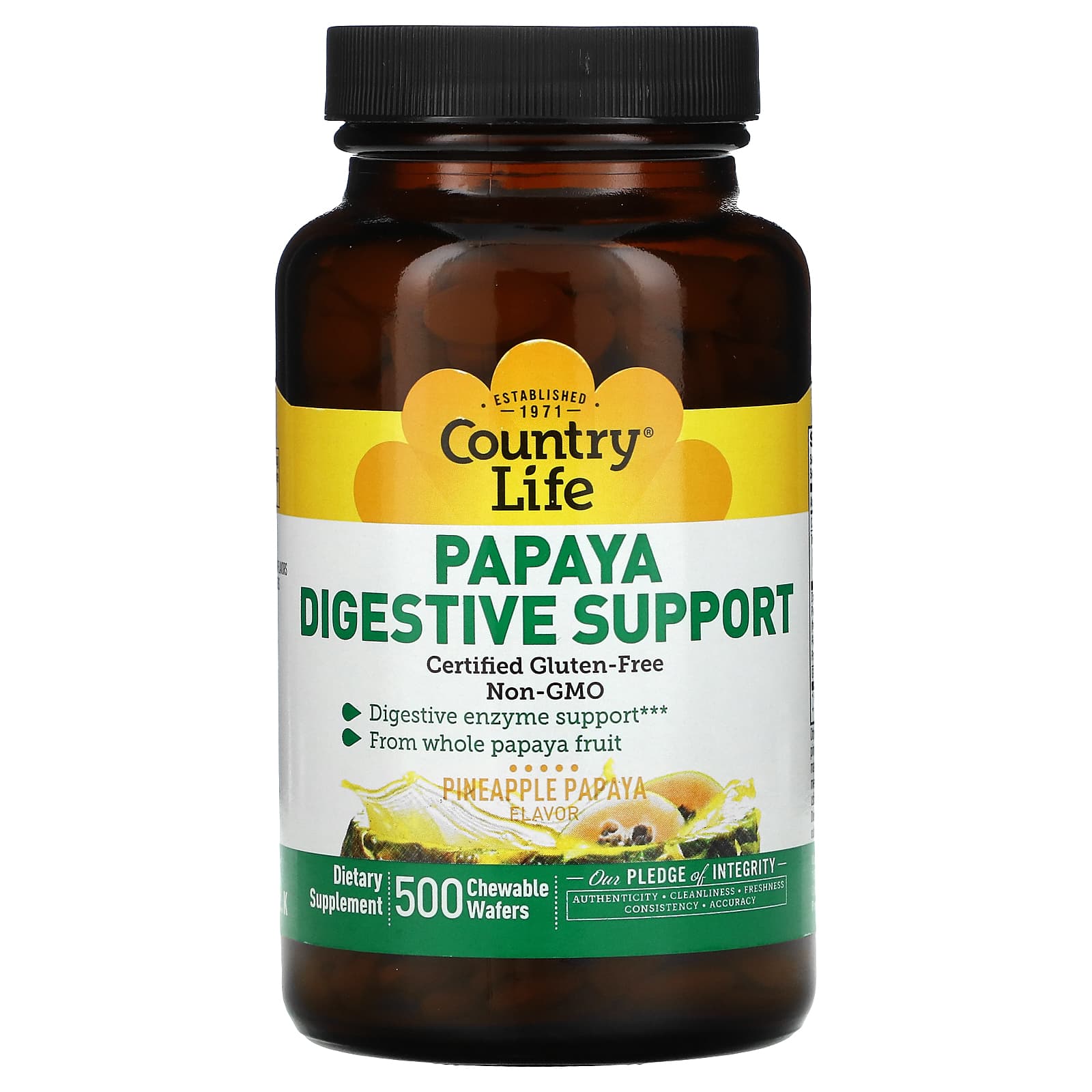 Country Life, Papaya Digestive Support, Pineapple Papaya Flavor, 500 Chewable Wafers UPC 015794053880 | Hilife Vitamins