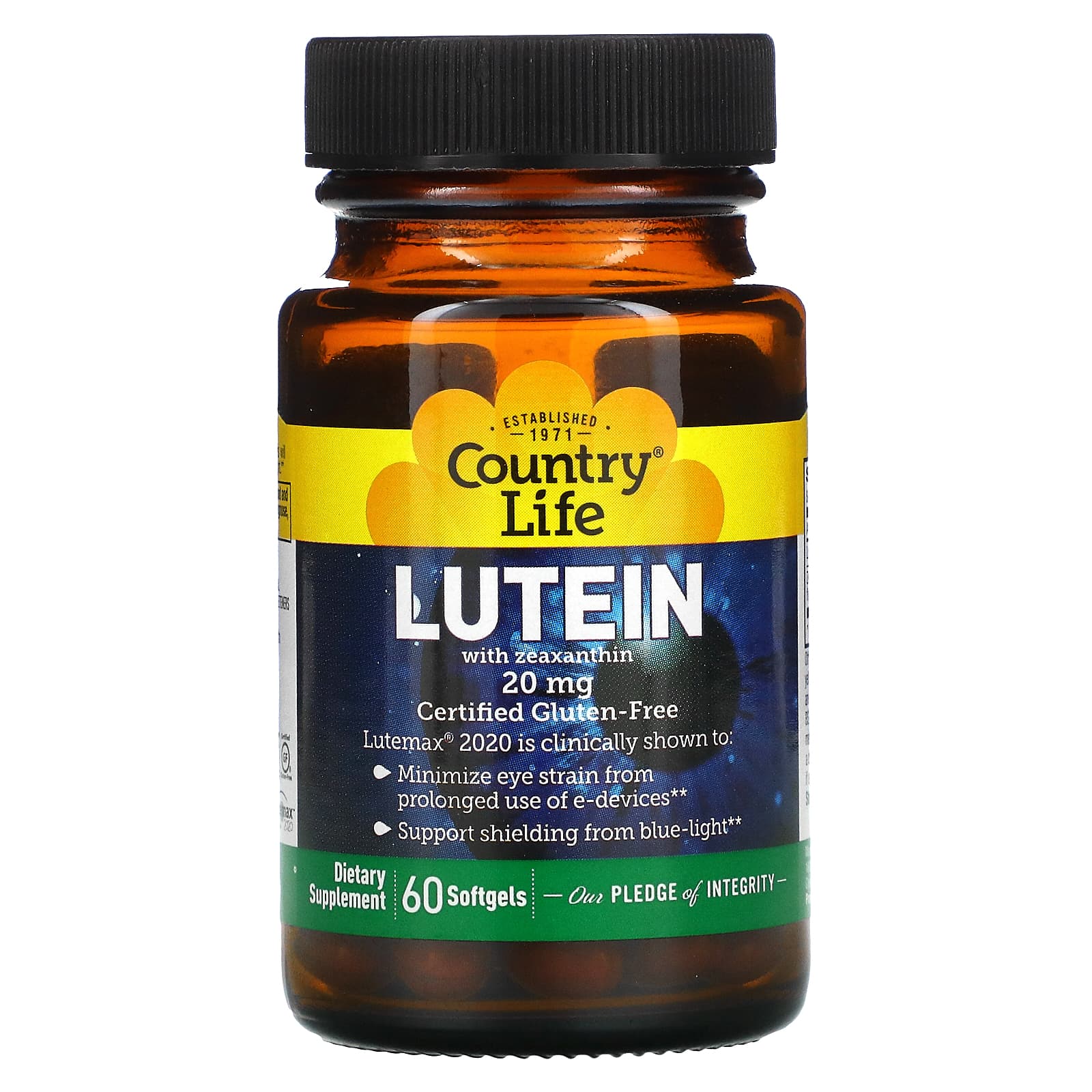 Country Life, Lutein Gel-Eze 20mg, 60 Softgels UPC 015794056058 | Hilife Vitamins